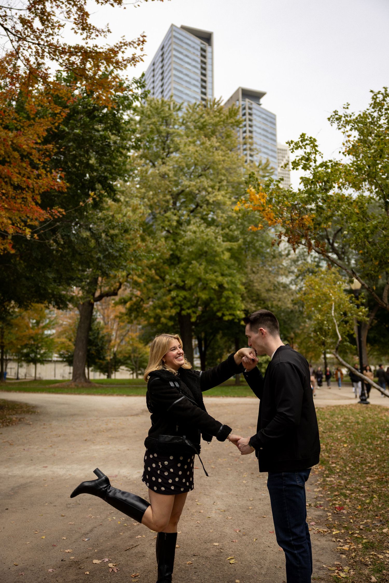 After Sean proposed to Sydney at Milton Lee Olive Park near Navy Pier in Chicago!