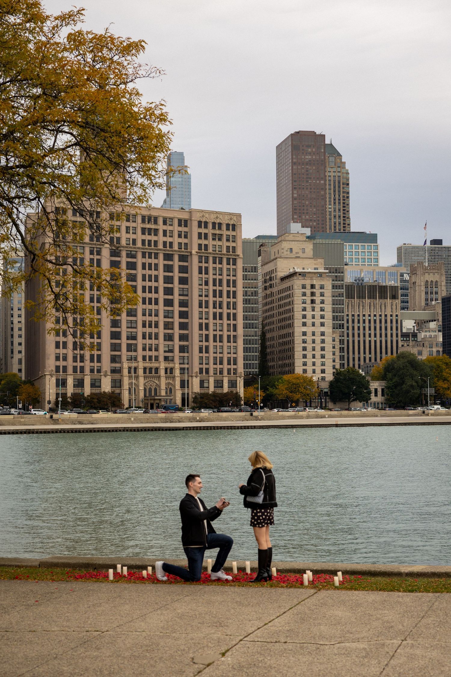 After Sean proposed to Sydney at Milton Lee Olive Park near Navy Pier in Chicago!