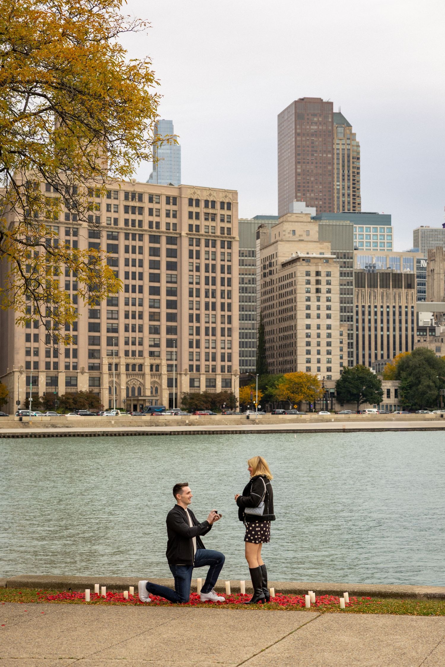 After Sean proposed to Sydney at Milton Lee Olive Park near Navy Pier in Chicago!