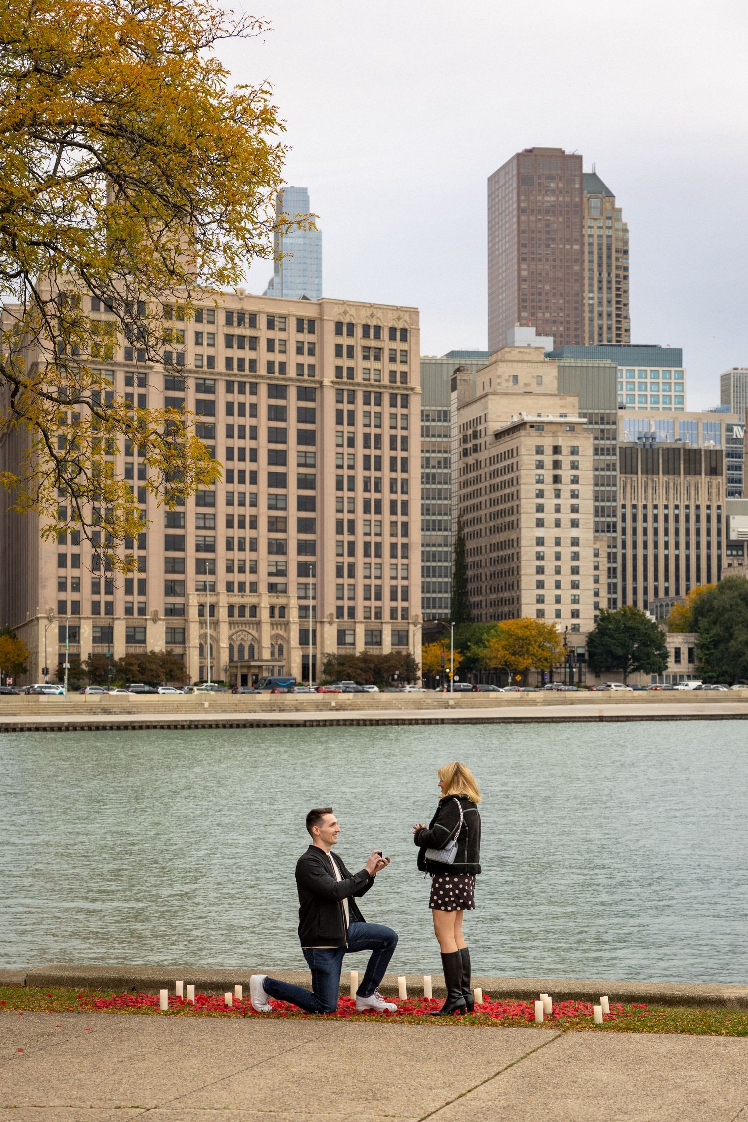 After Sean proposed to Sydney at Milton Lee Olive Park near Navy Pier in Chicago!