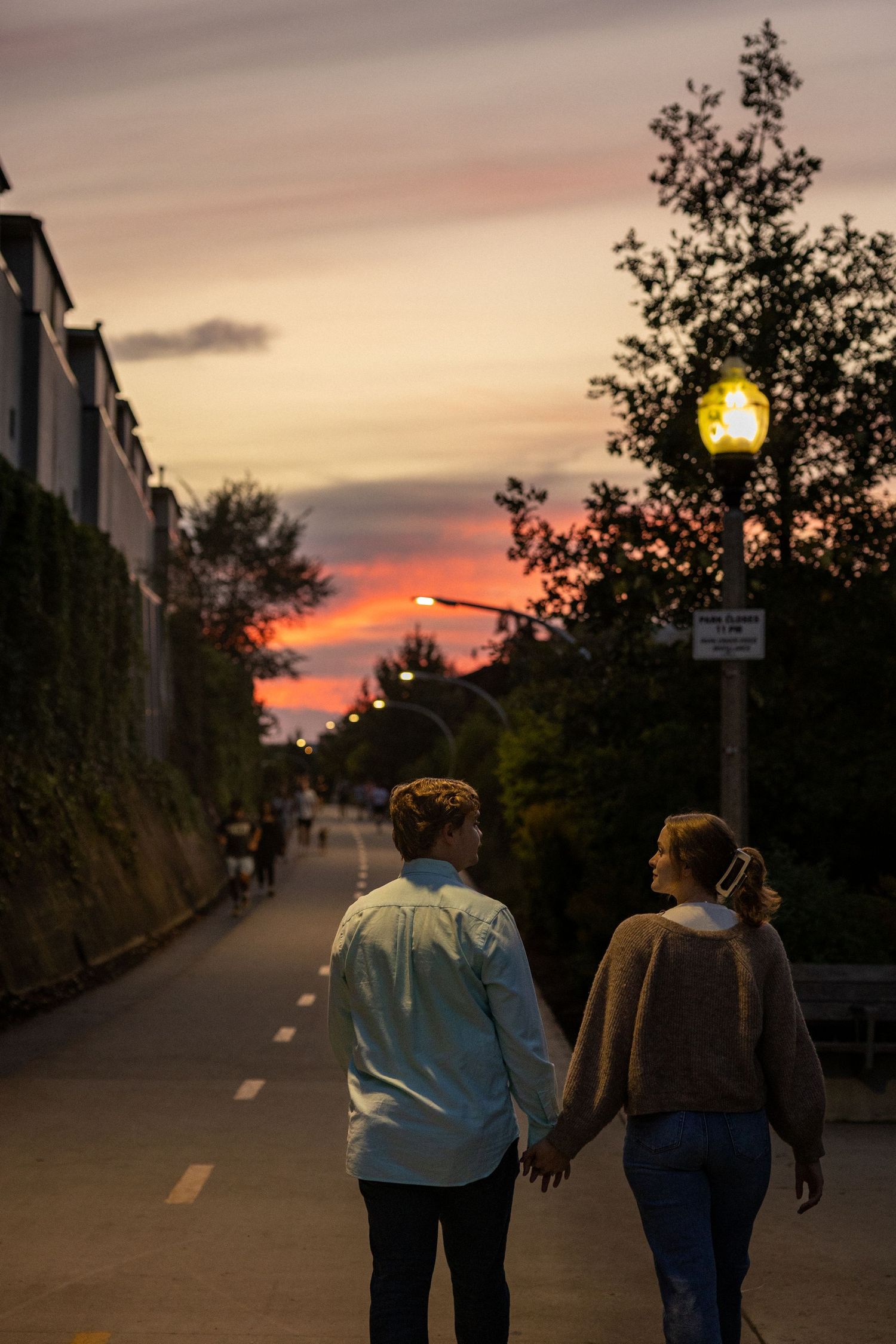 A sunset engagement session at the 606 walking trail