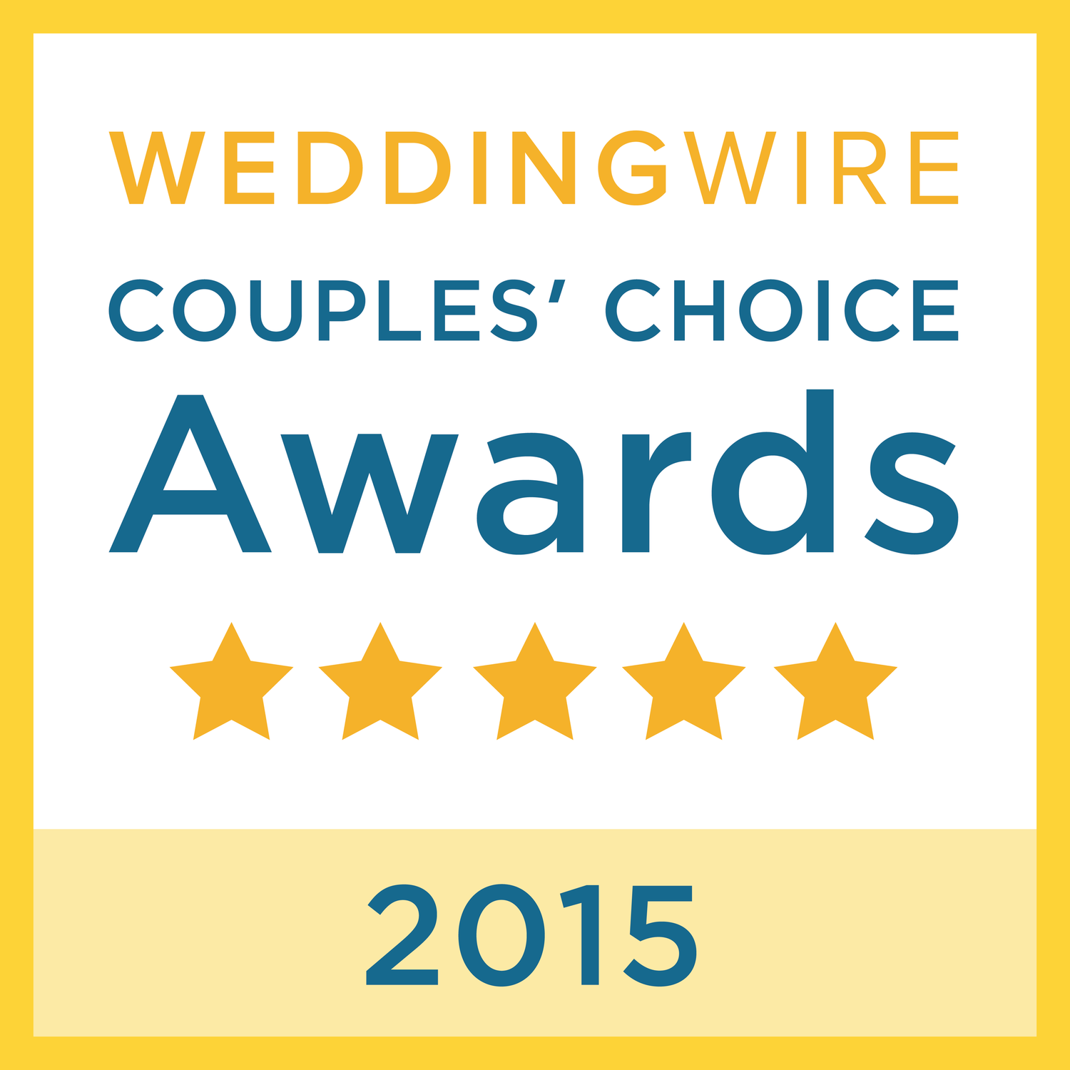 WeddingWire Couples Choice Awards 2015 badge with five gold stars.