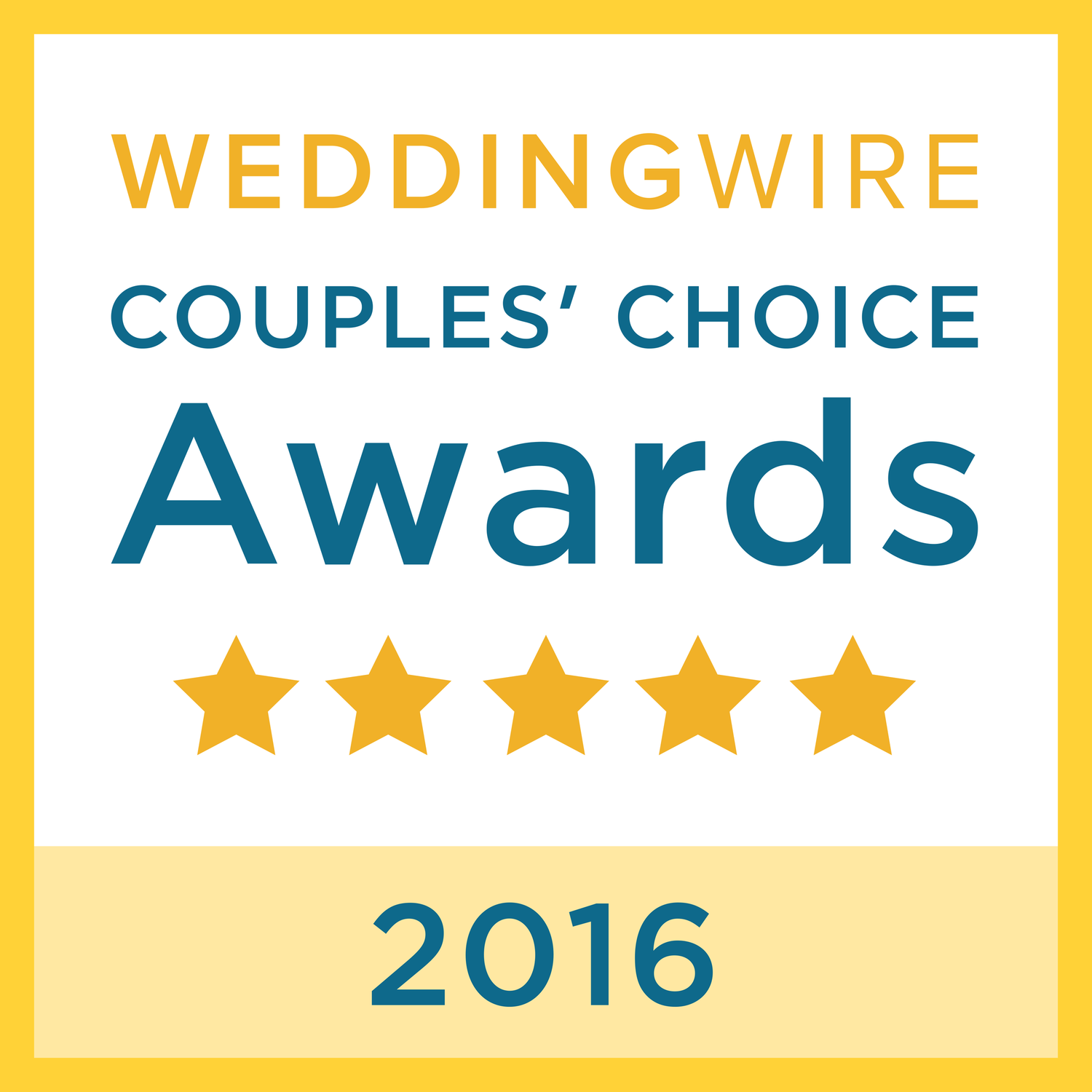WeddingWire Couples Choice Awards 2016 badge with five gold stars.
