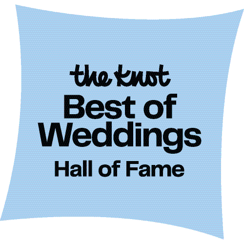 The Knot Best of Weddings Hall of Fame award badge on light blue background.