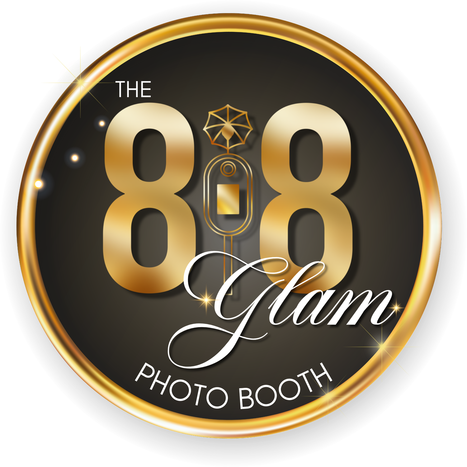 818 Glam Booth logo featuring luxe black and gold colors, modern script font, representing glamorous photo booth services.
