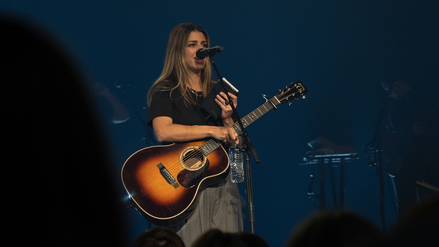 Musicians performing on dark stage with acoustic instruments.
