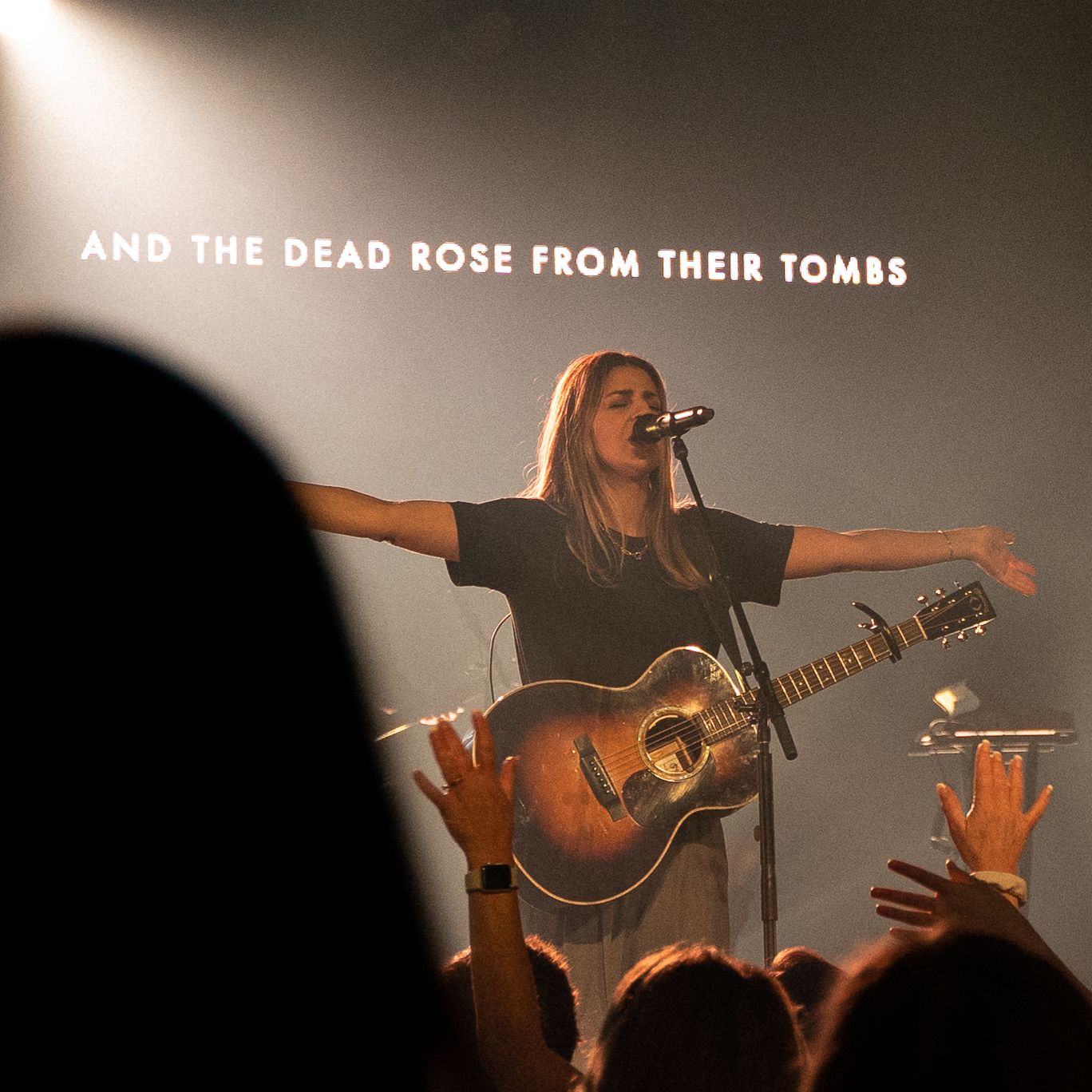 Silhouetted musician performing on stage with text overlay about dead roses.