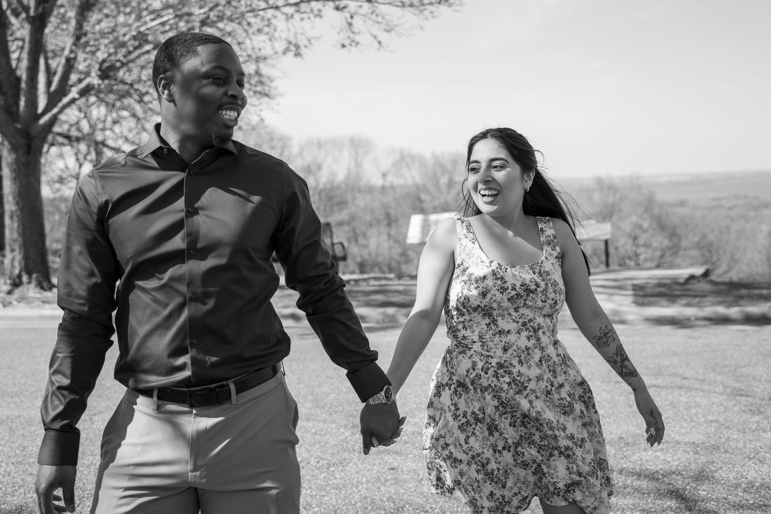 Series of candid outdoor photos showing a couple in wedding attire enjoying a sunny day together.