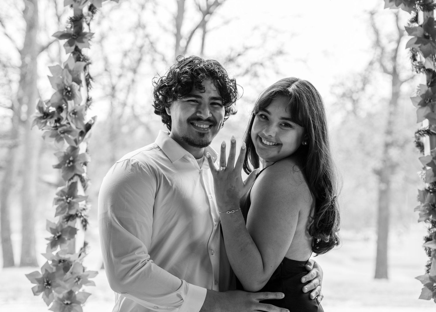 Black and white photo series showing a couple in formal attire walking and laughing together outdoors.