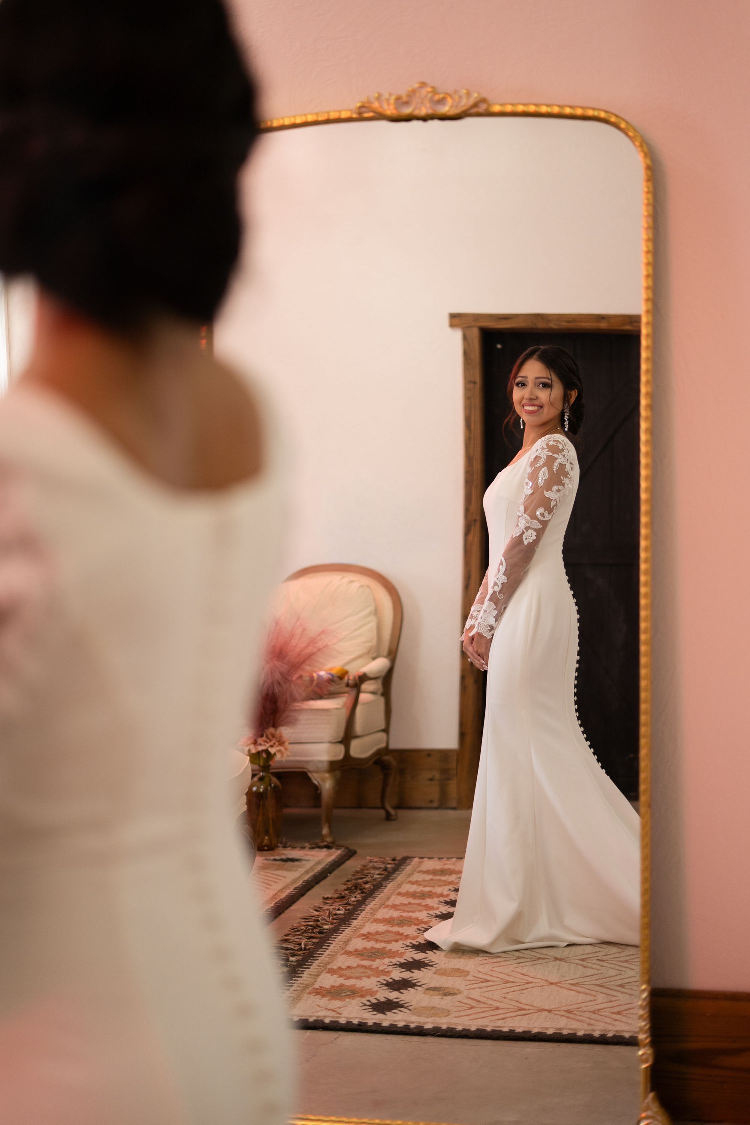 A sequence of wedding dress photos showing a bride in an elegant white gown posing in front of a gold-framed mirror.