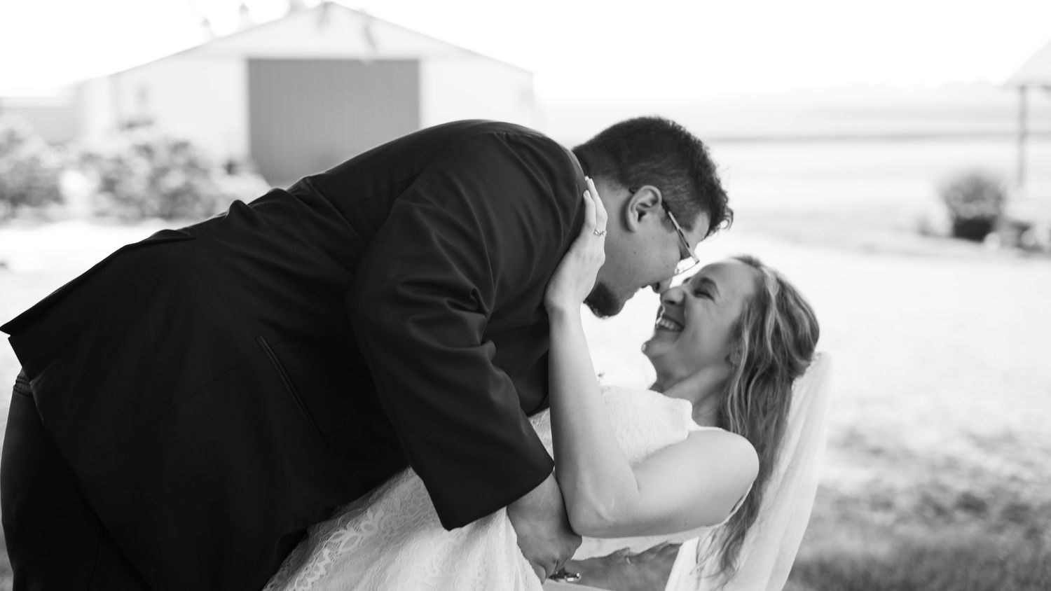 Creative wedding photo series showing couple in dramatic black and white poses.