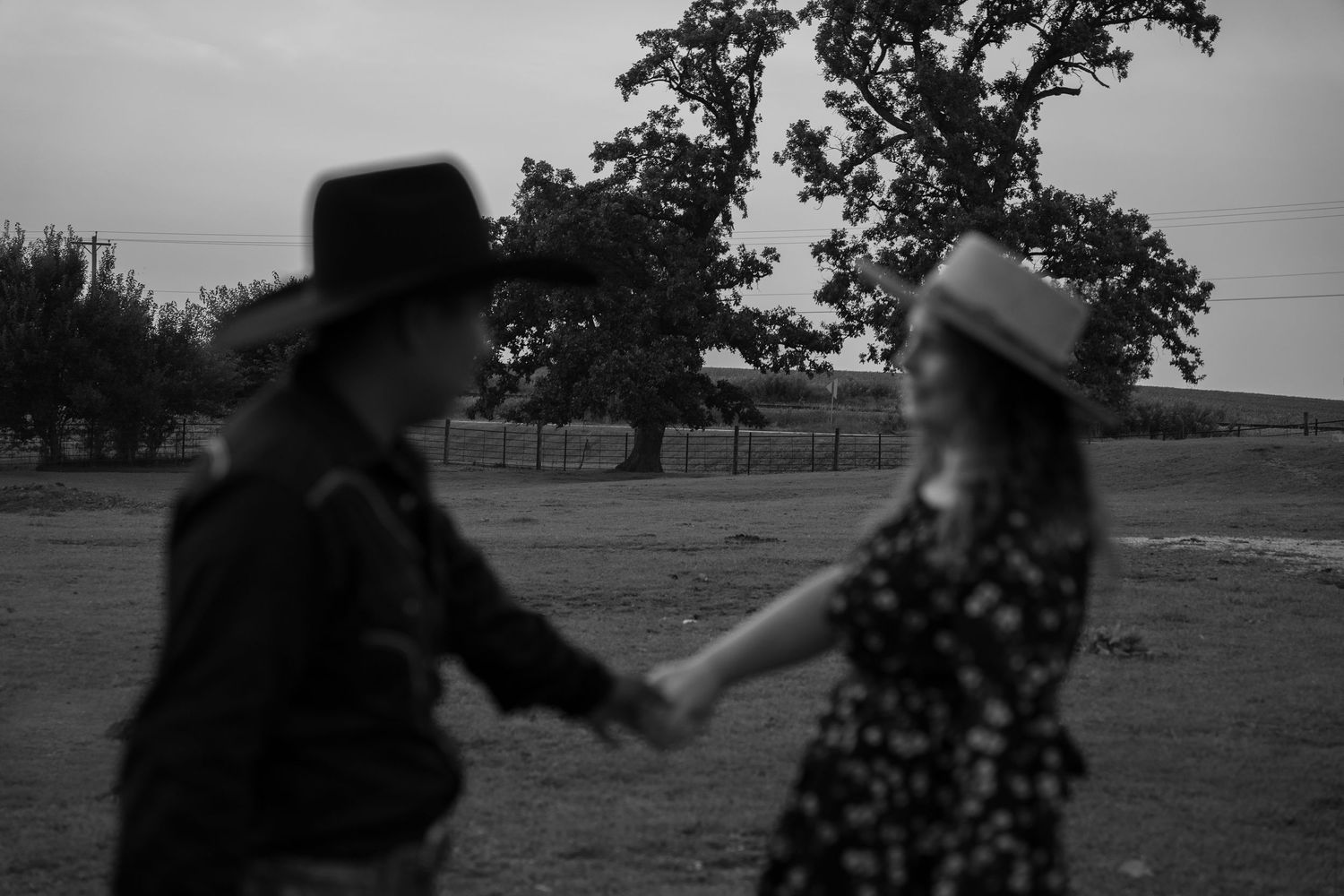 Silhouettes of people against a rural landscape with trees at sunset.