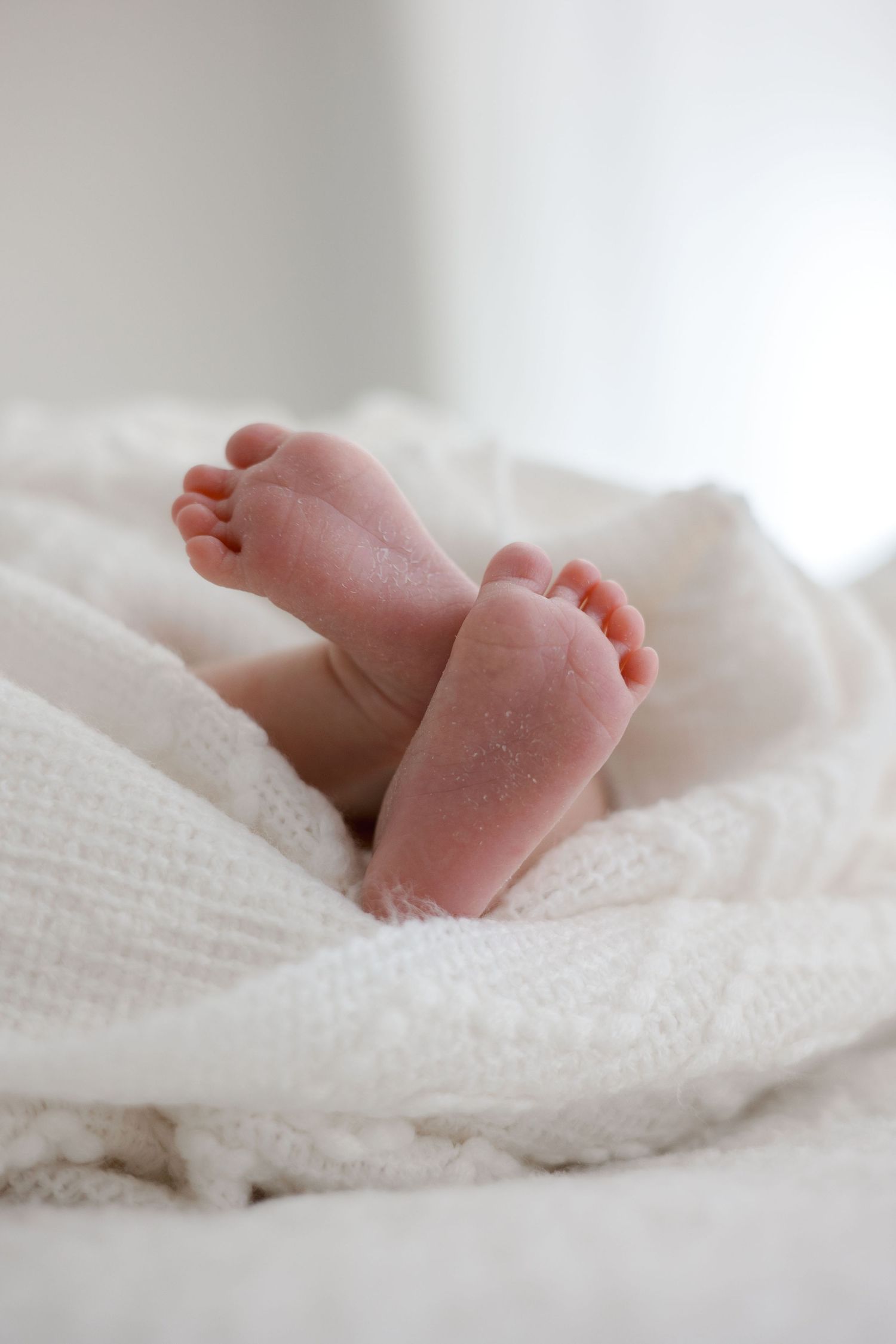 Tiny newborn baby feet peeking out from a soft white knit blanket.