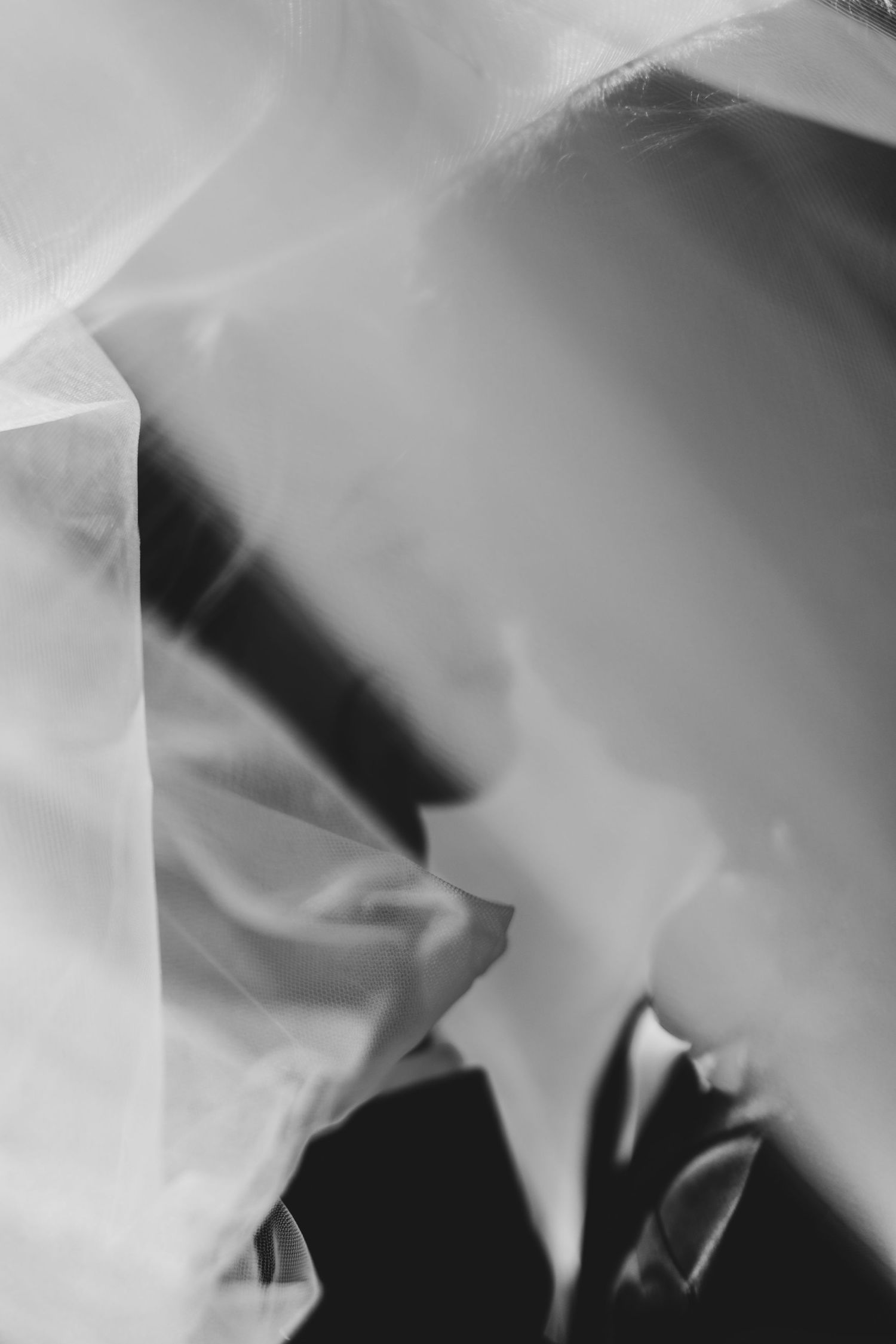 Artistic black and white photo showing silhouettes through flowing white fabric.