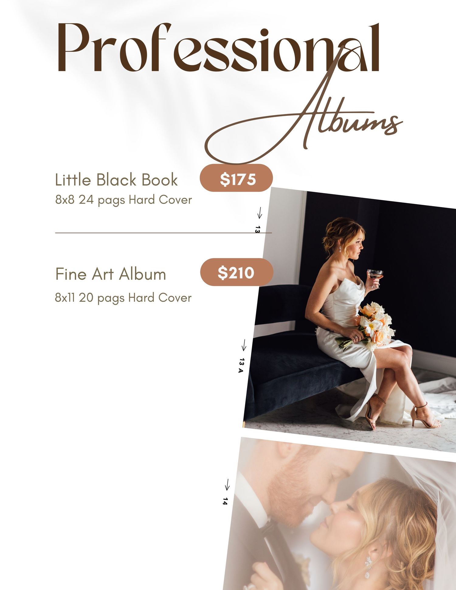 Professional wedding photography pricing guide displays album and package options with elegant sample images.