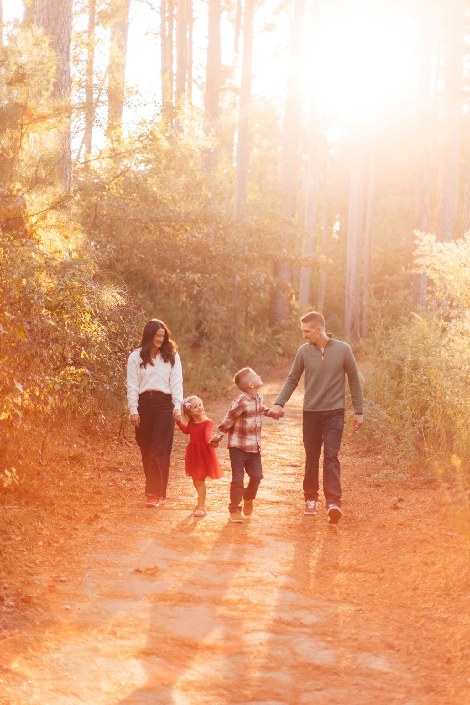 Family walking together on a sunlit forest trail during golden hour.