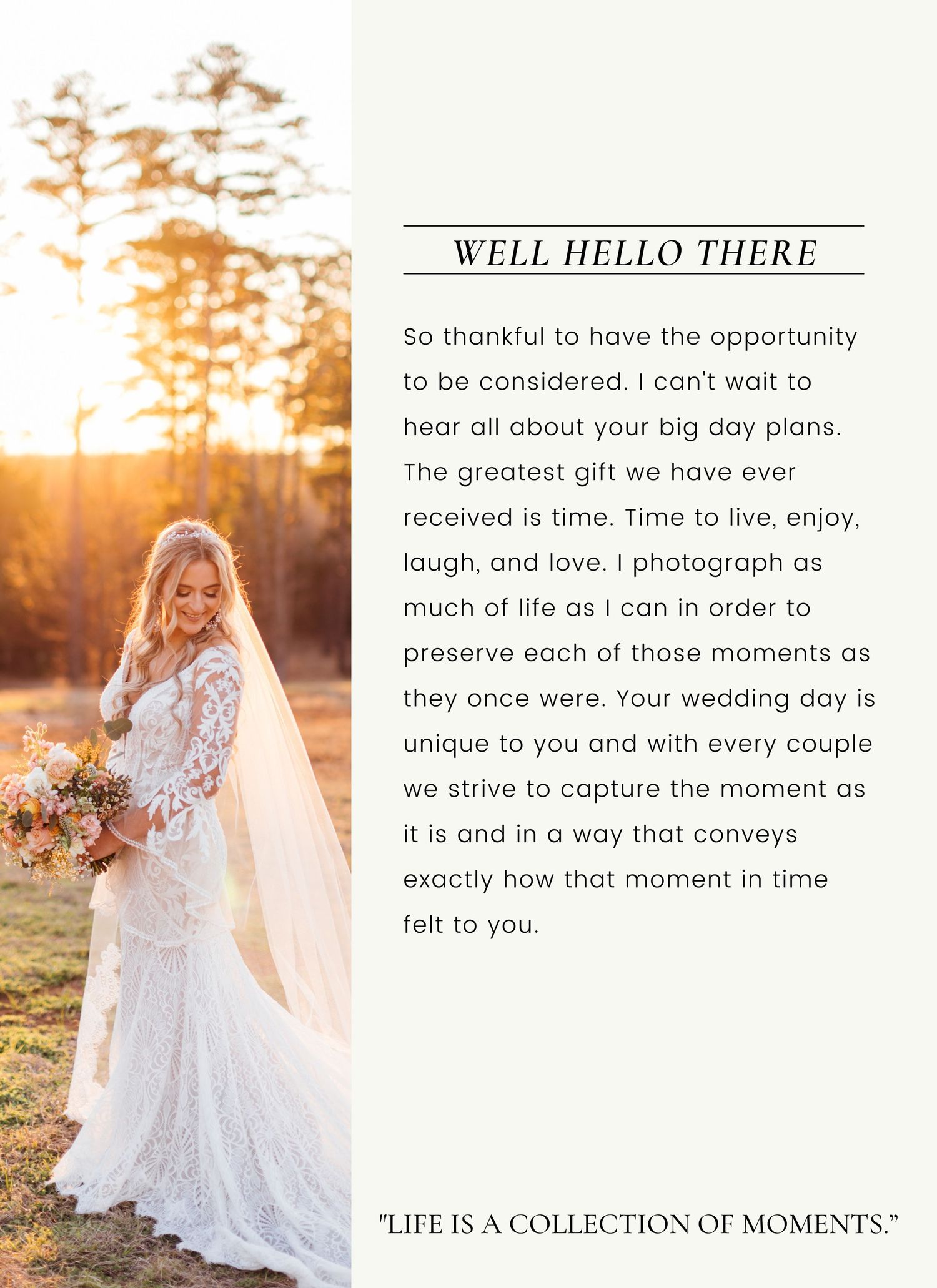 Wedding photography branding page with sunset photos and testimonial text.