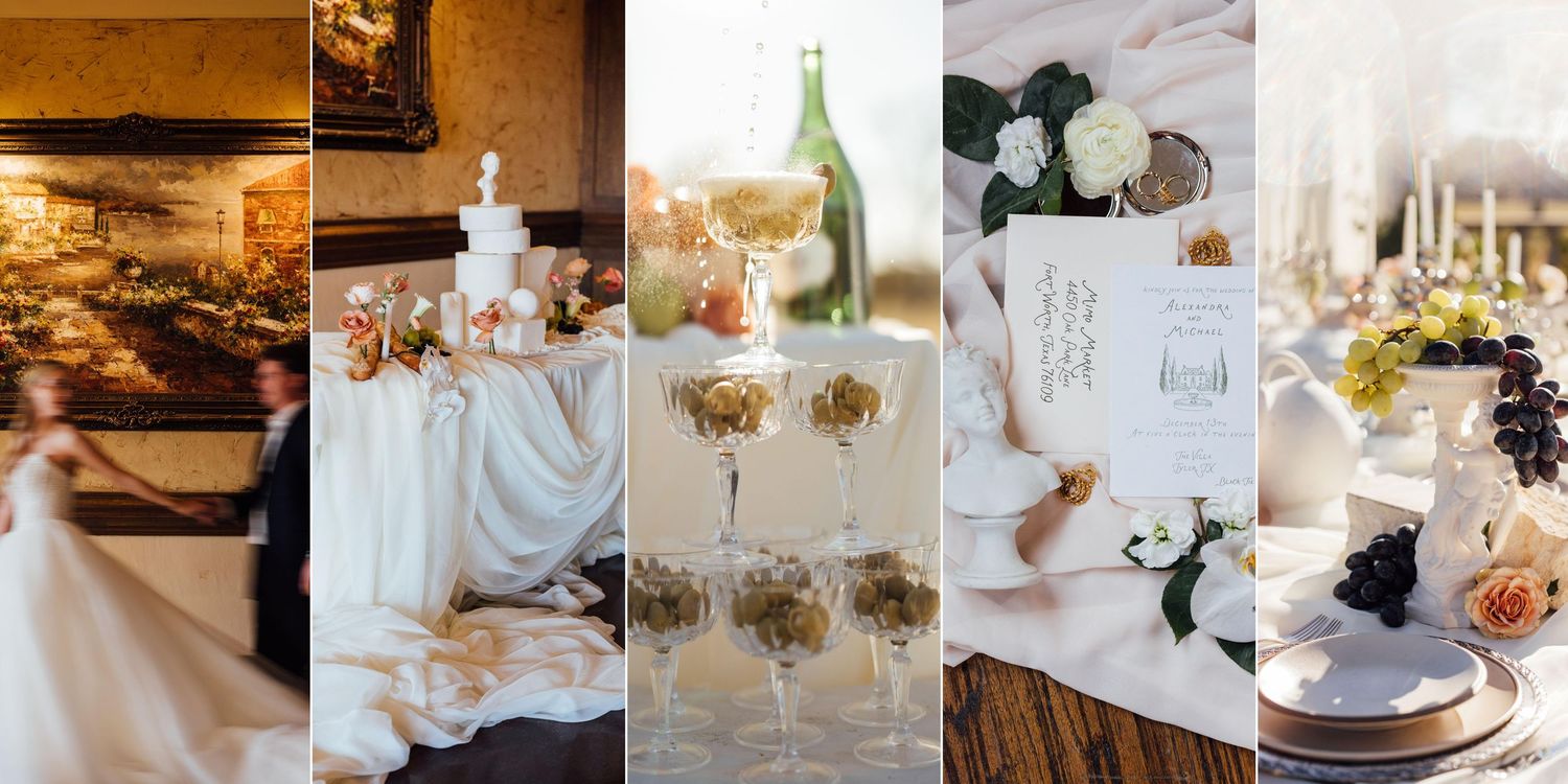 Elegant wedding reception table settings with white linens, floral centerpieces and delicate glassware in warm lighting.