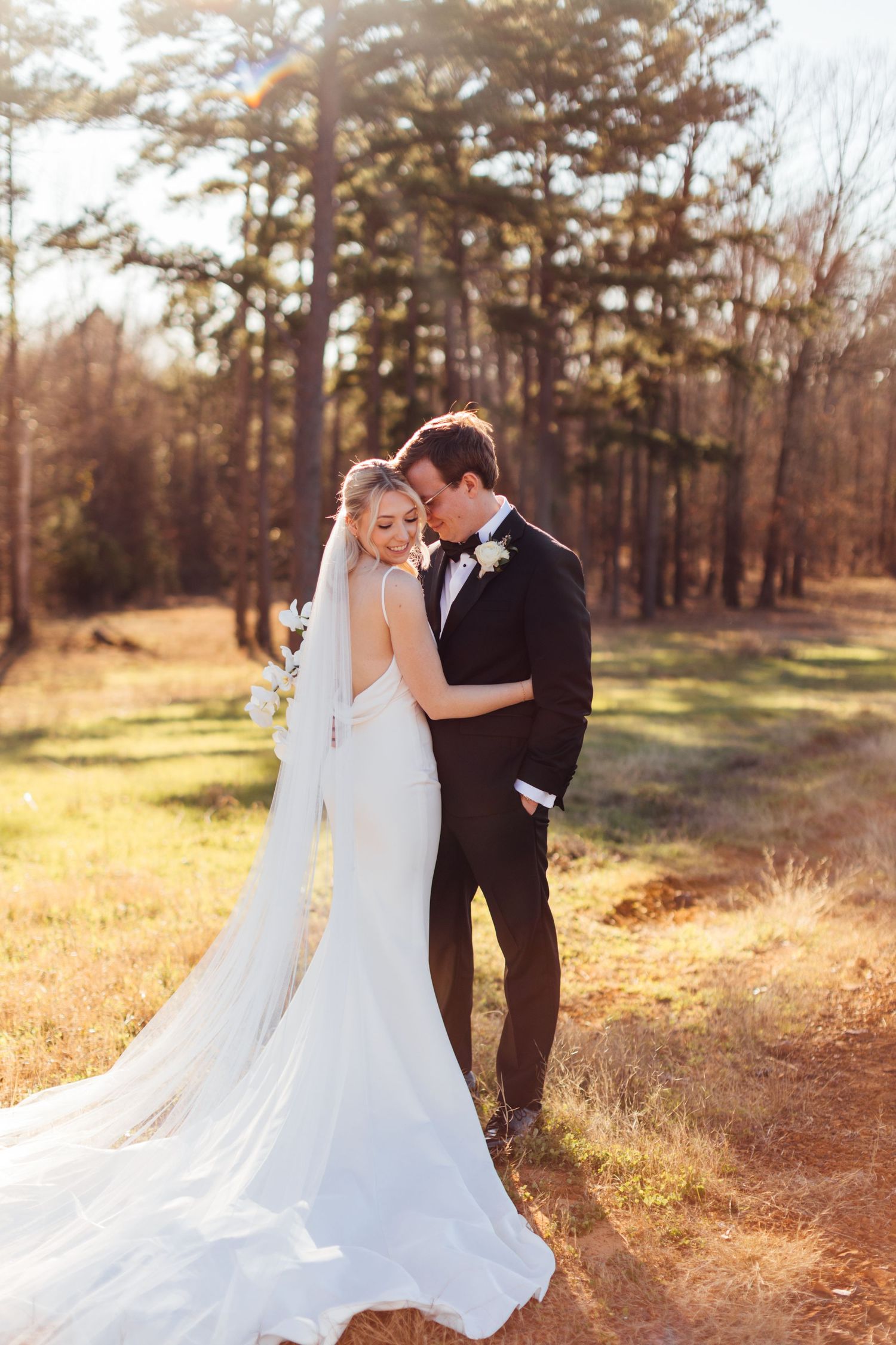 Couple shares romantic moments during golden hour wedding photoshoot among pine trees.