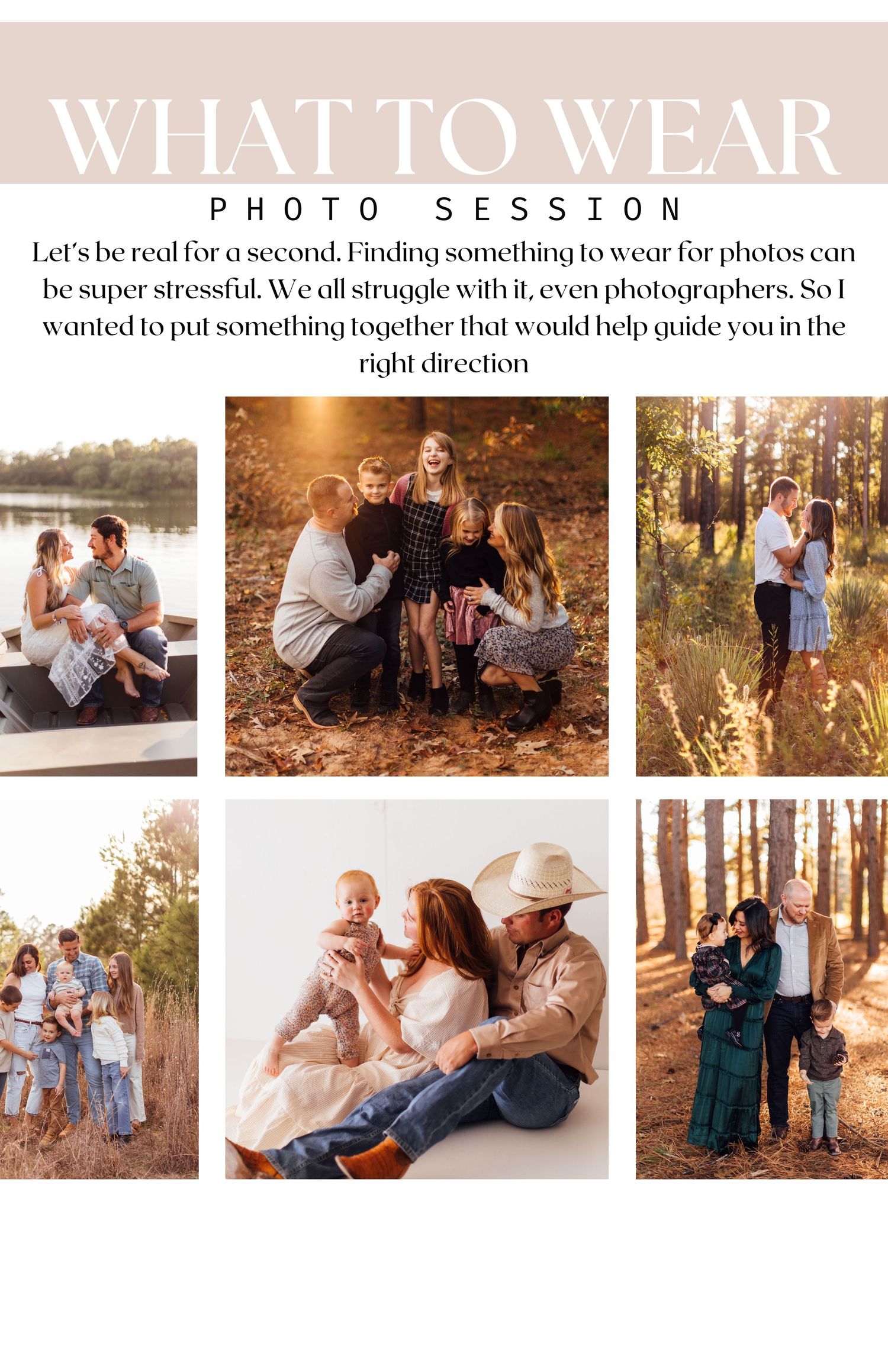 Style guide for family photo sessions showing casual coordinated outfits in outdoor settings.