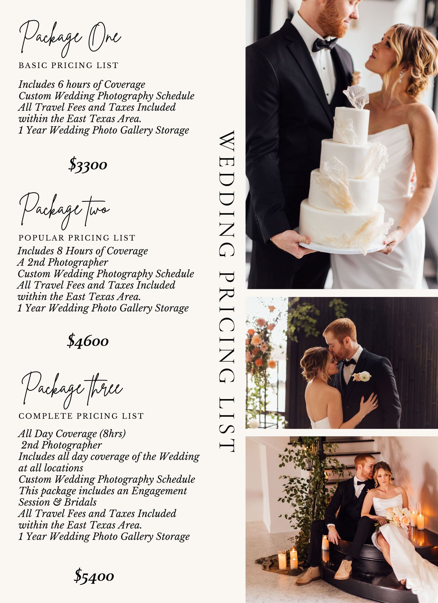 Wedding photography pricing list with three packages ranging from $3300 to $5400, featuring elegant couple portraits.