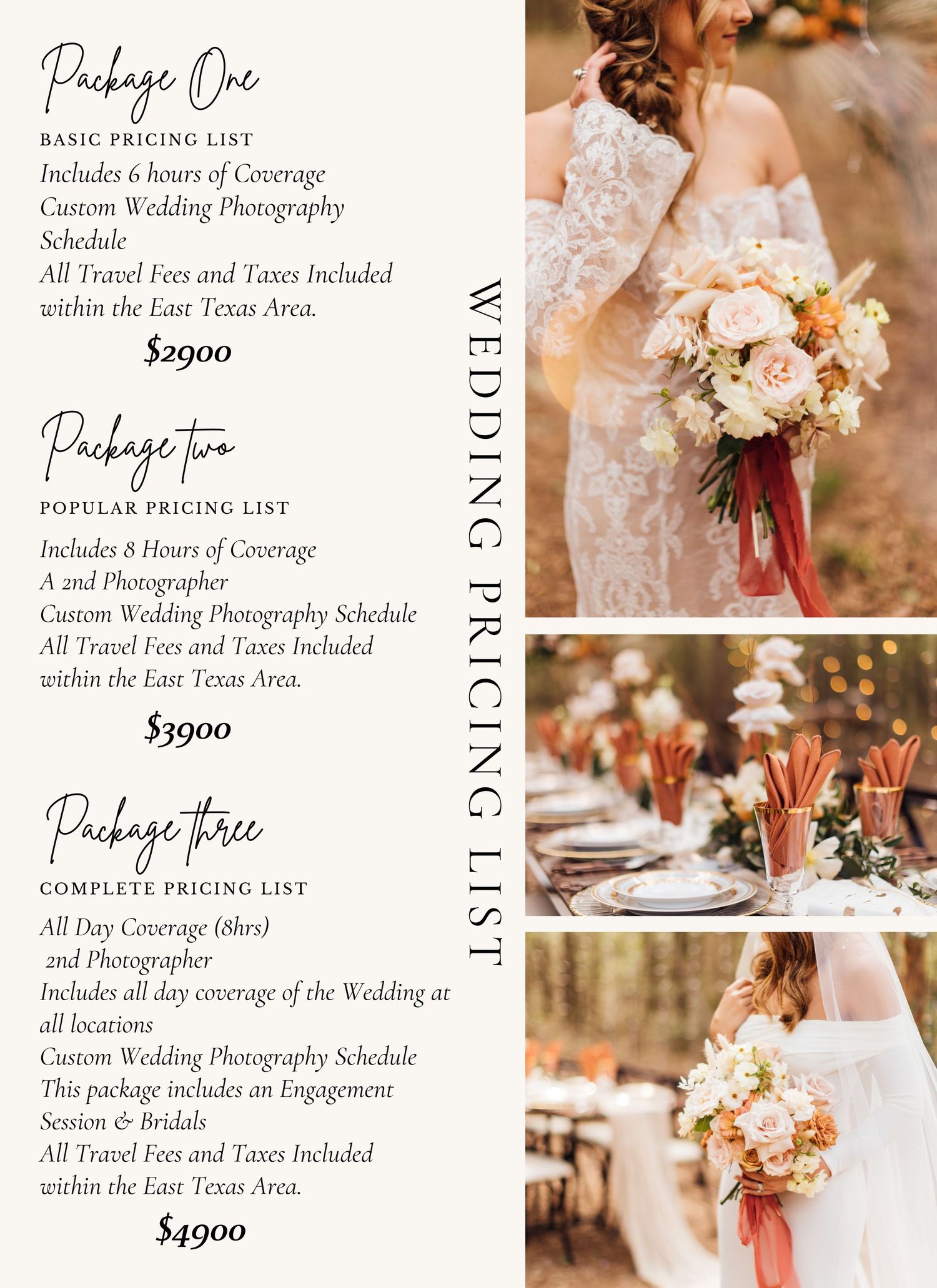 Photography pricing guide showing wedding packages and flower details in pink and white tones.