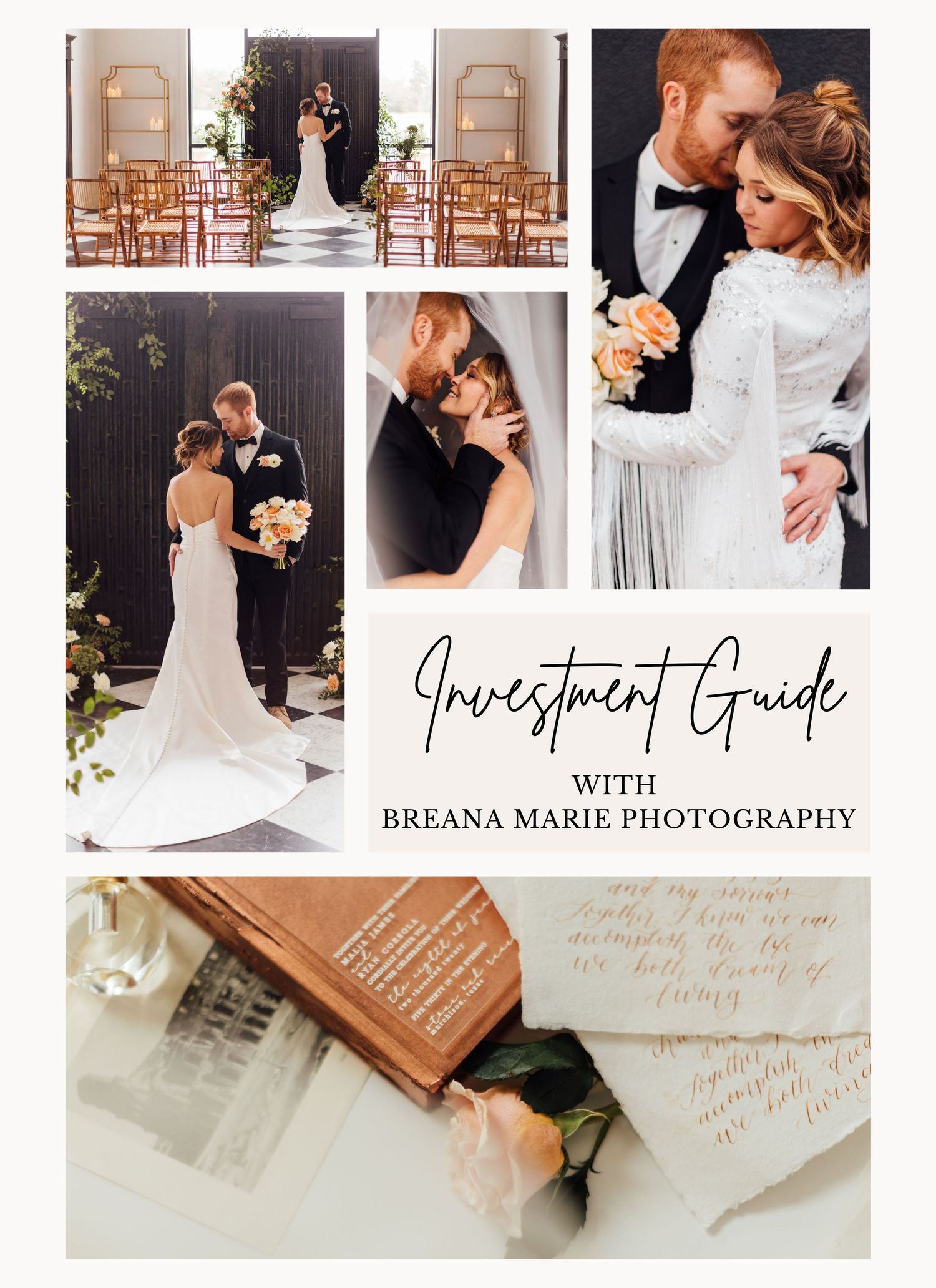Elegant wedding investment guide cover for Breana Marie Photography featuring romantic bridal couple portraits and floral details.
