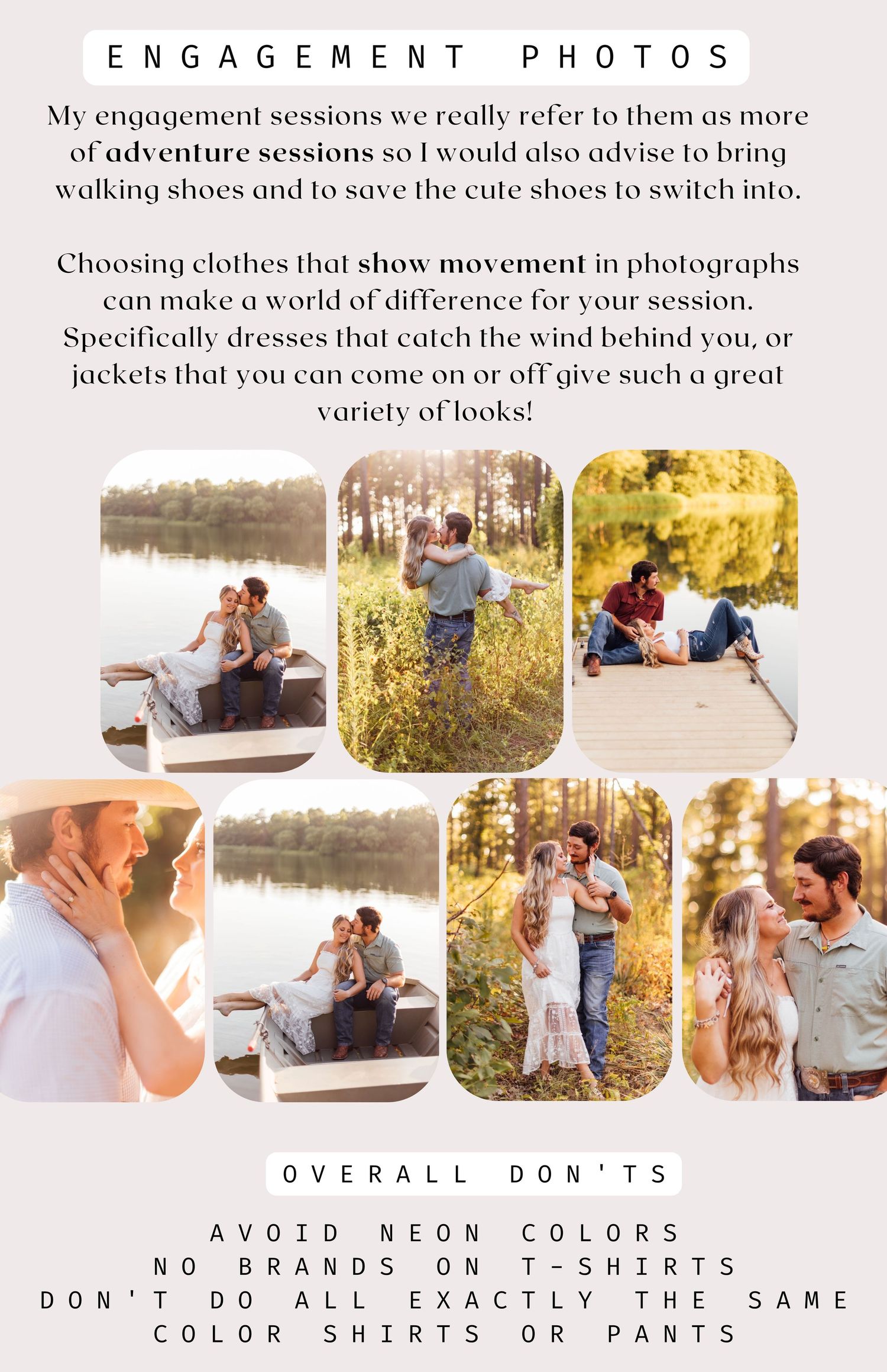 Wedding photography pricing guide showing engagement photo collage and clothing recommendations for photoshoots.