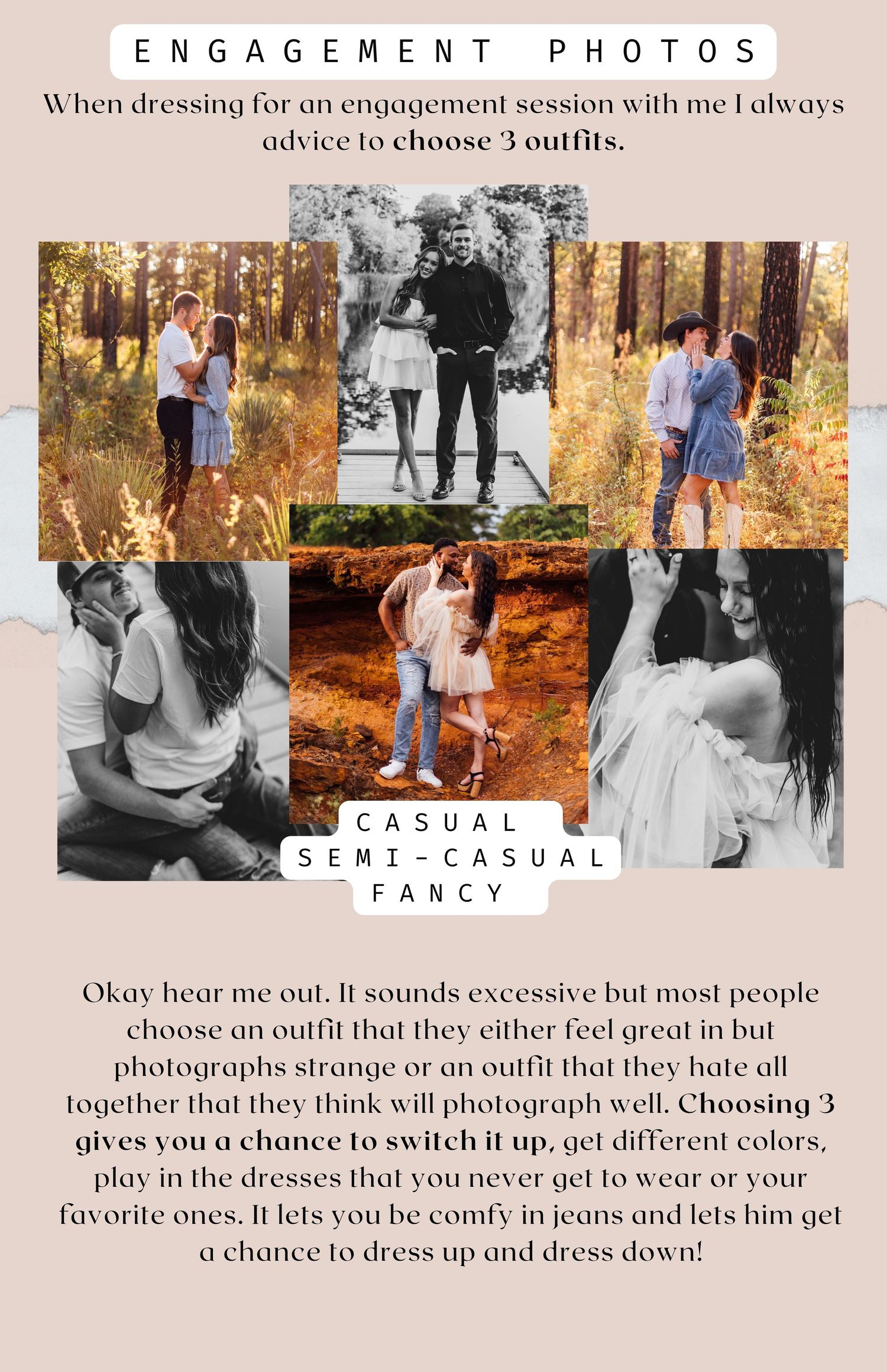 Guide for engagement photo outfits showing couples in casual to formal attire.