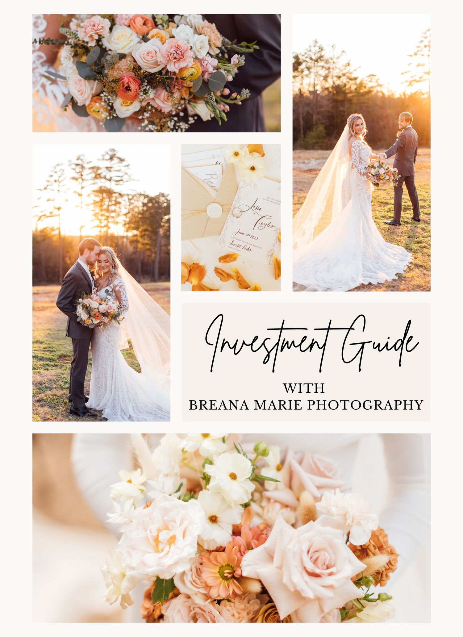 Wedding photography portfolio layout featuring romantic sunset portraits and floral details.