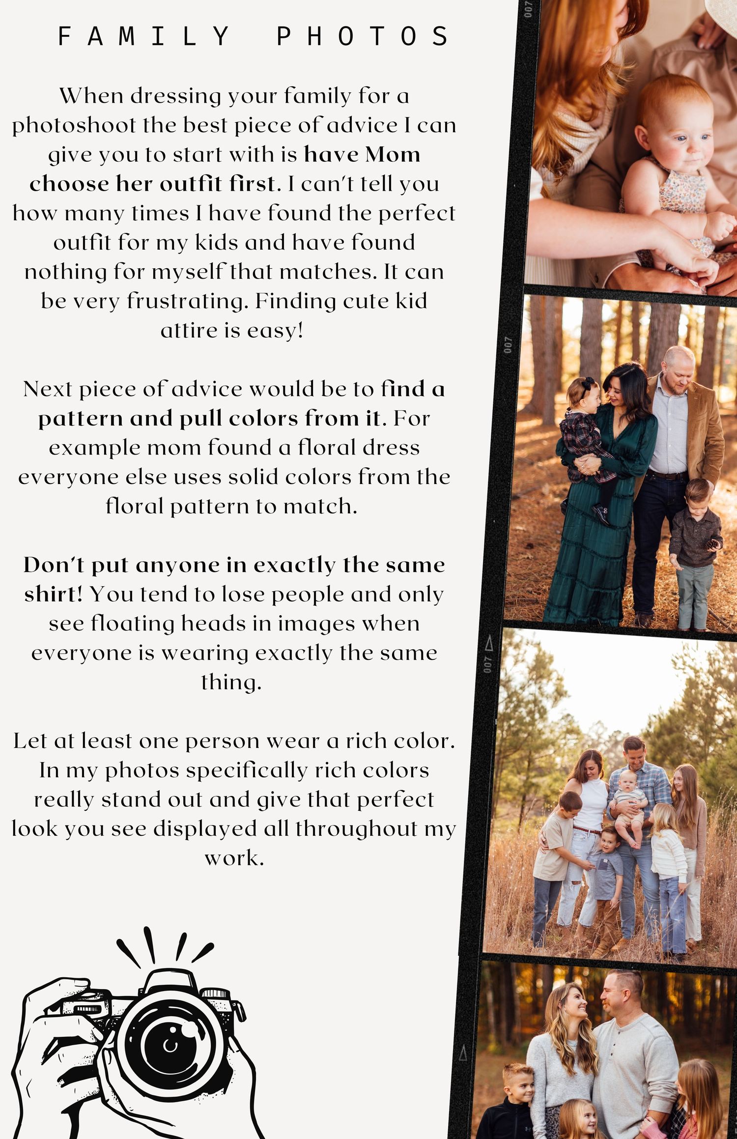 Photography tips for coordinating family photo outfits with example images and camera icon.