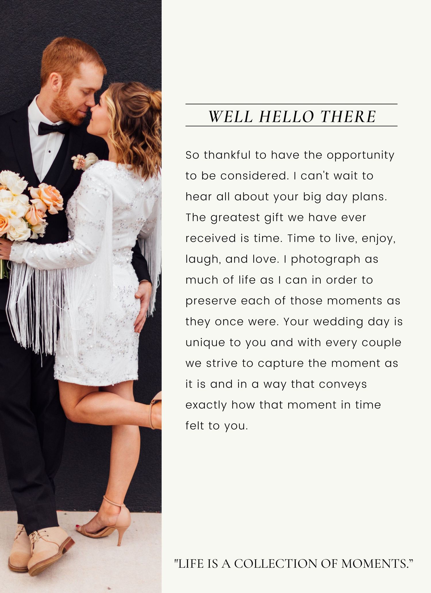 A couple shares a romantic moment in wedding attire, with text overlay about wedding photography services.