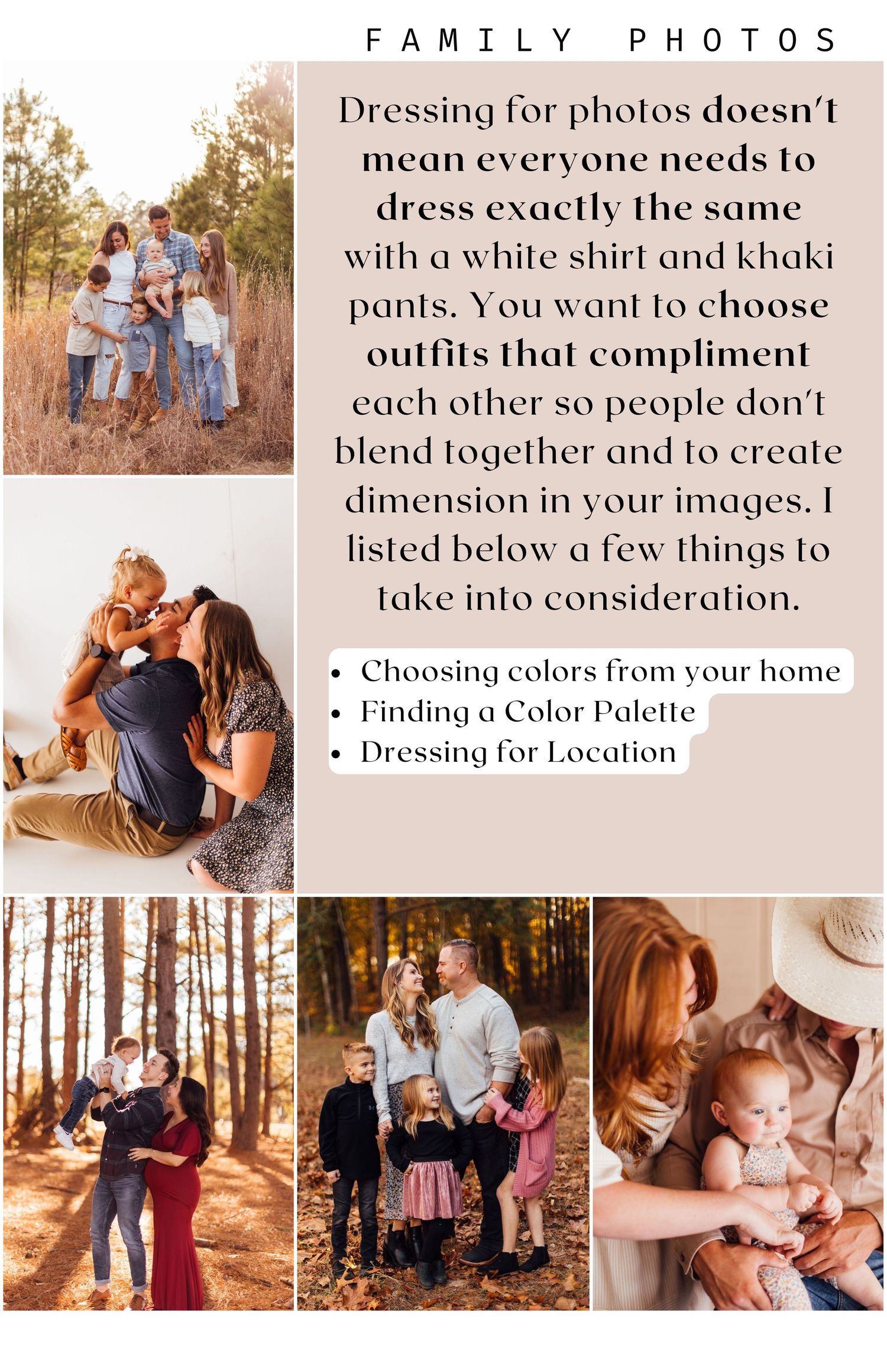 Photography guide explaining family photo outfit coordination with example images.