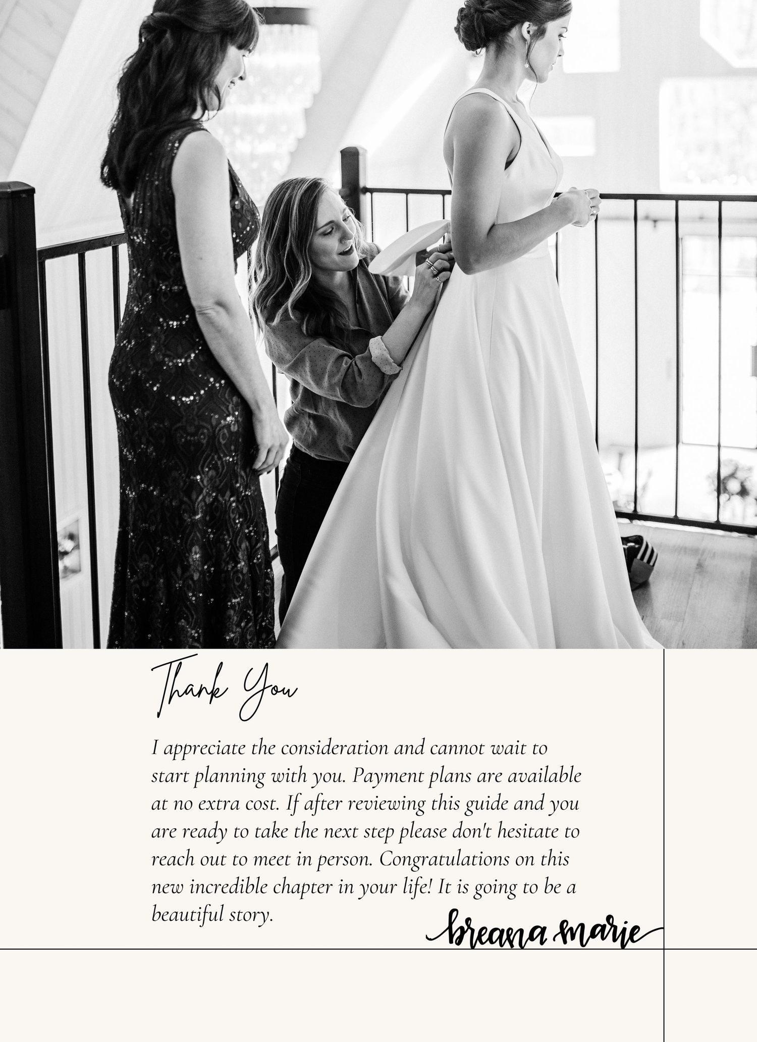 Black and white wedding preparation scene with elegant dress details.