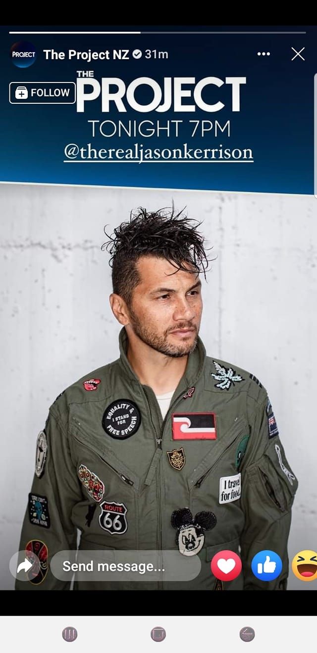 Social media post promoting an appearance on The Project TV show featuring a person in a military-style jacket with patches.