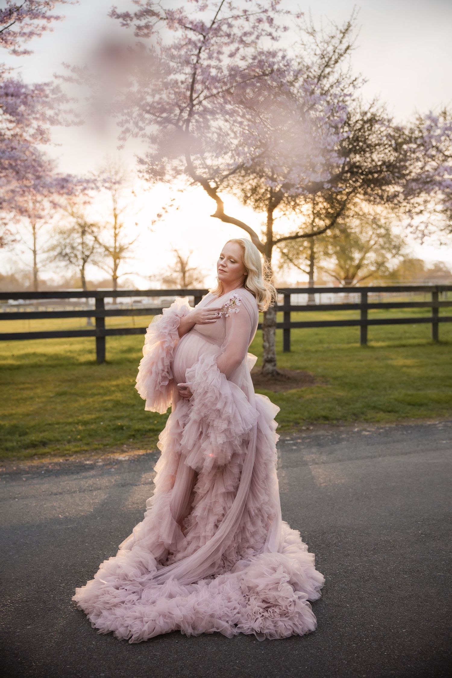 A dreamy outdoor photo session featuring a flowing pink tulle gown against a sunset backdrop with blooming trees.