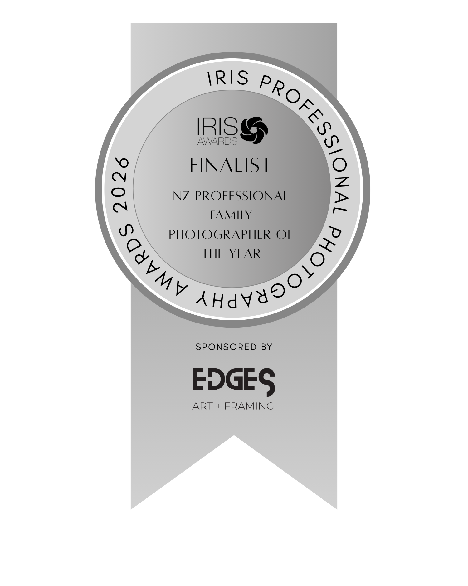 Silver ribbon badge for Iris Professional Photography Awards 2026 Finalist, NZ Professional Family Photographer of the Year.