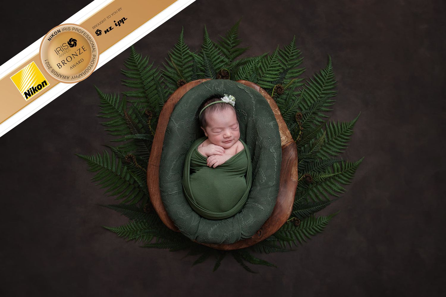 Seven connected photos show a sleeping newborn baby in different peaceful poses with natural fern greenery and wooden props.