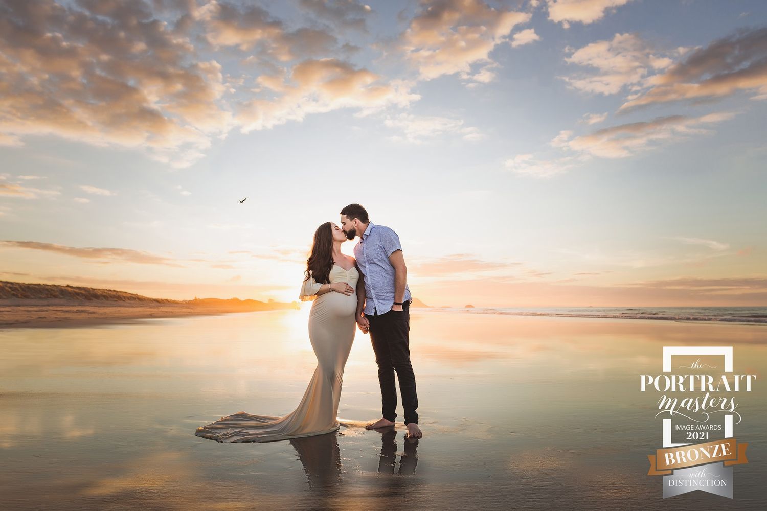 A series of romantic sunset beach photos shows silhouettes against golden skies and ocean backdrops.