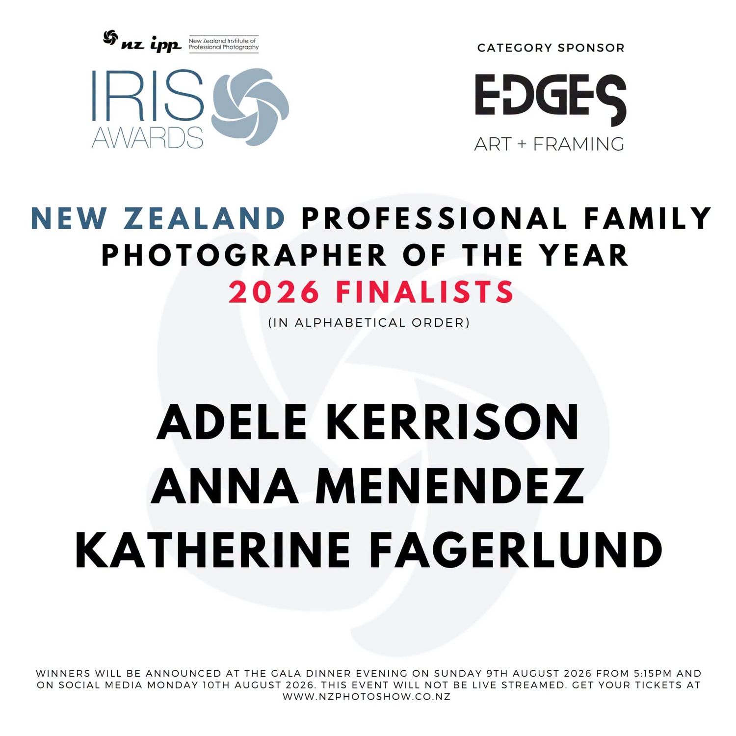 2026 New Zealand Professional Family Photographer of the Year finalists announcement for the IRIS Awards.