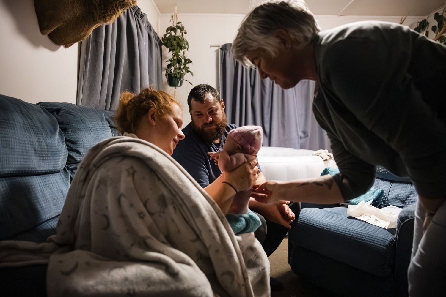 A series of candid moments showing people sitting together in a dimly lit room.