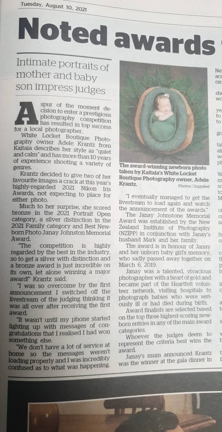 Newspaper article clipping about photography awards with circular green-tinted inset photos on a white background.