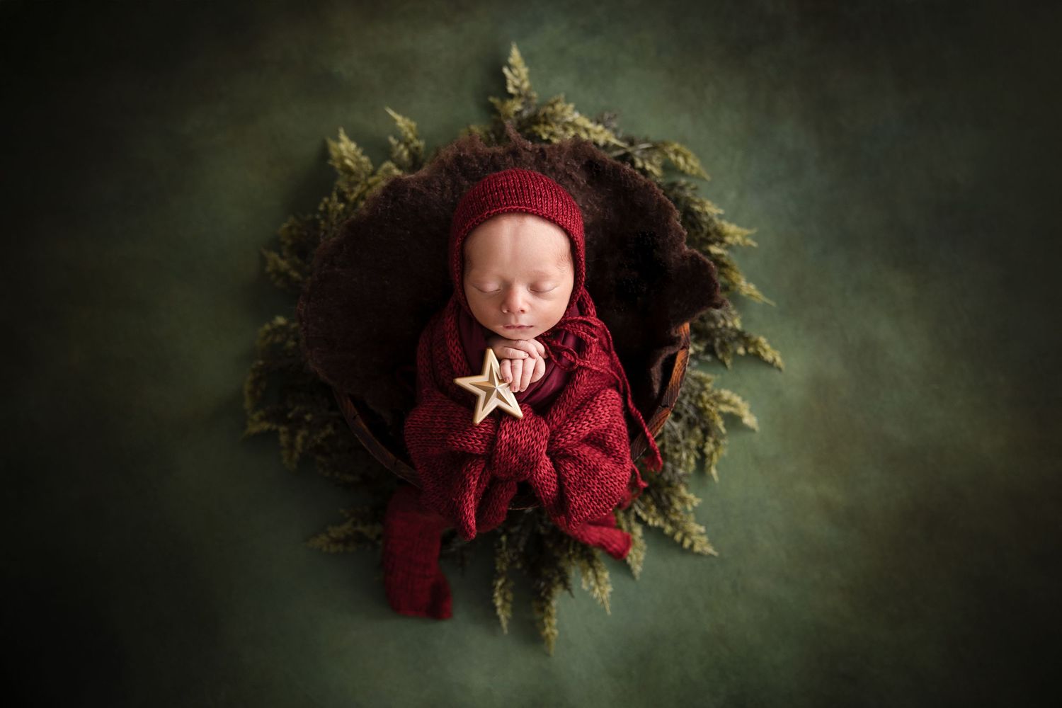 Newborn baby wrapped in red cloth holding a gold star ornament, nestled in a wreath on a green background.
