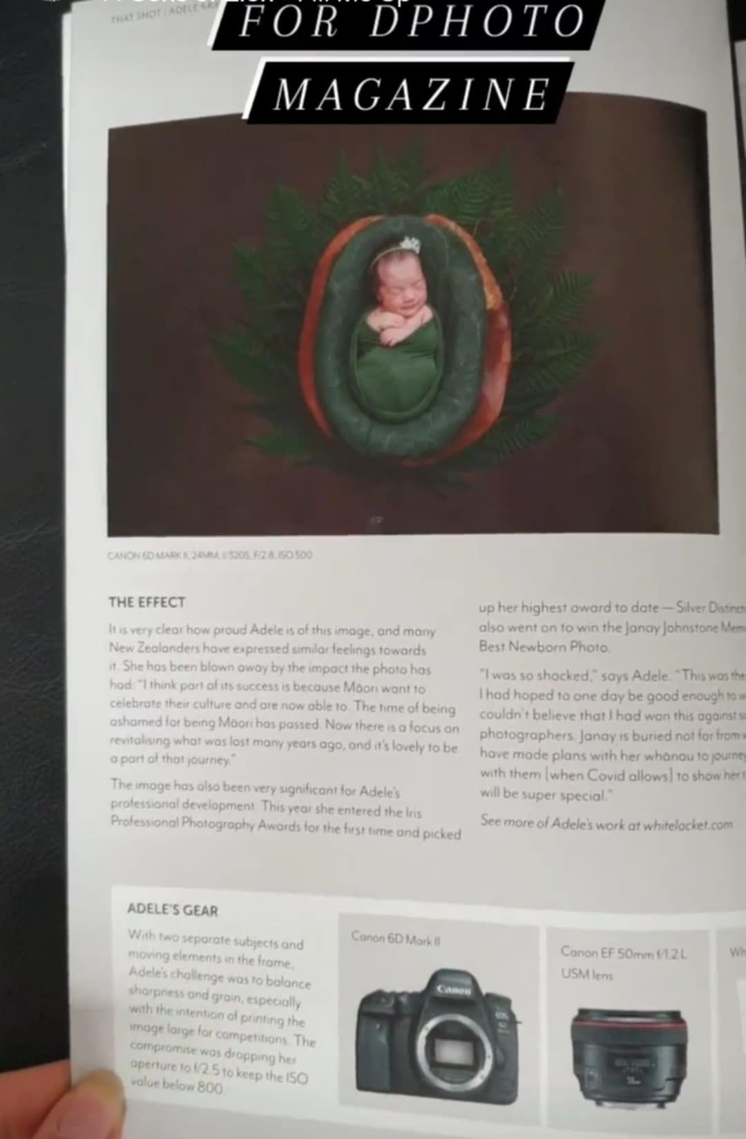 Magazine spread showing a newborn photography setup with green wrap and brown basket, alongside camera equipment specs below.