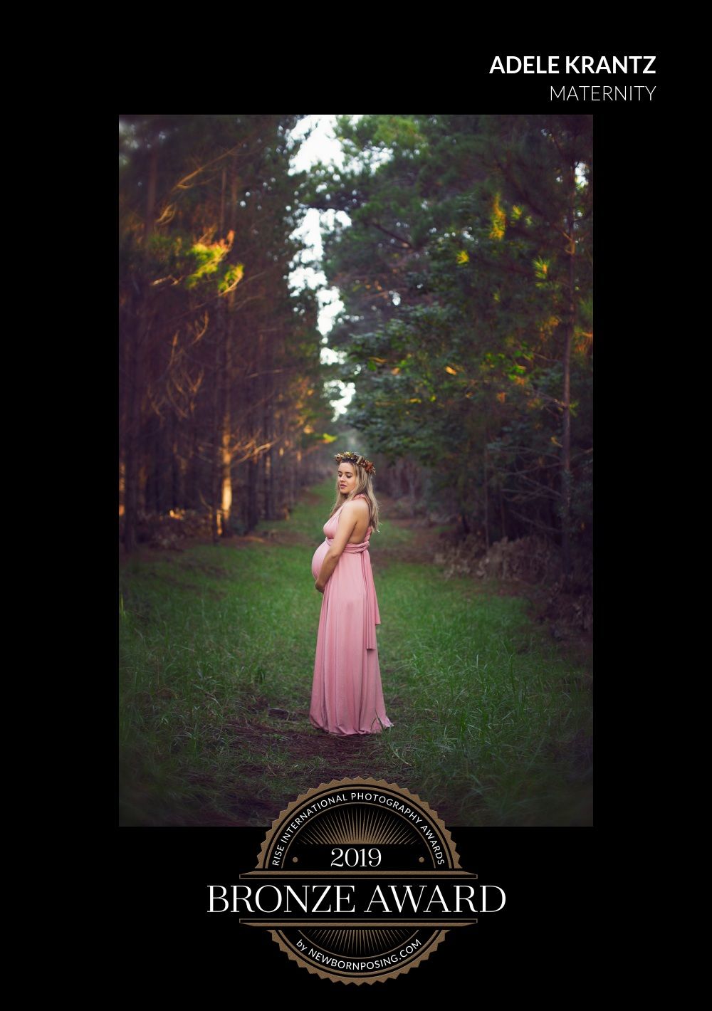 A maternity photo shows an expecting mother in a flowing pink dress posing in a mystical forest setting at dusk.