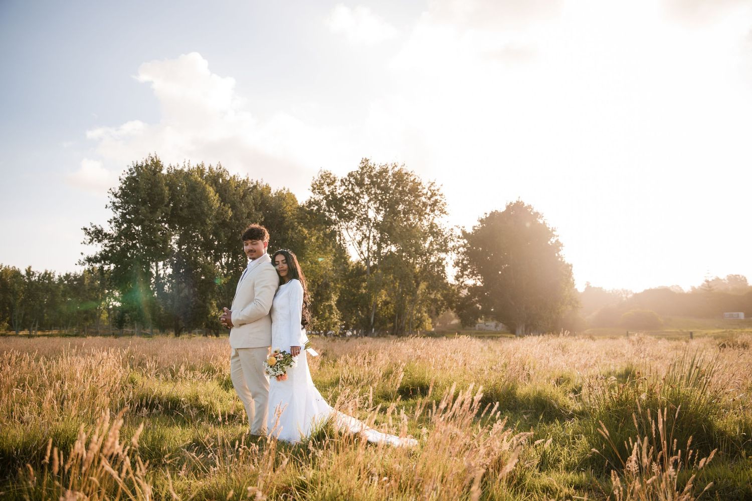 Sunlit golden field with long grass during sunset with dreamy golden light filtering through trees.