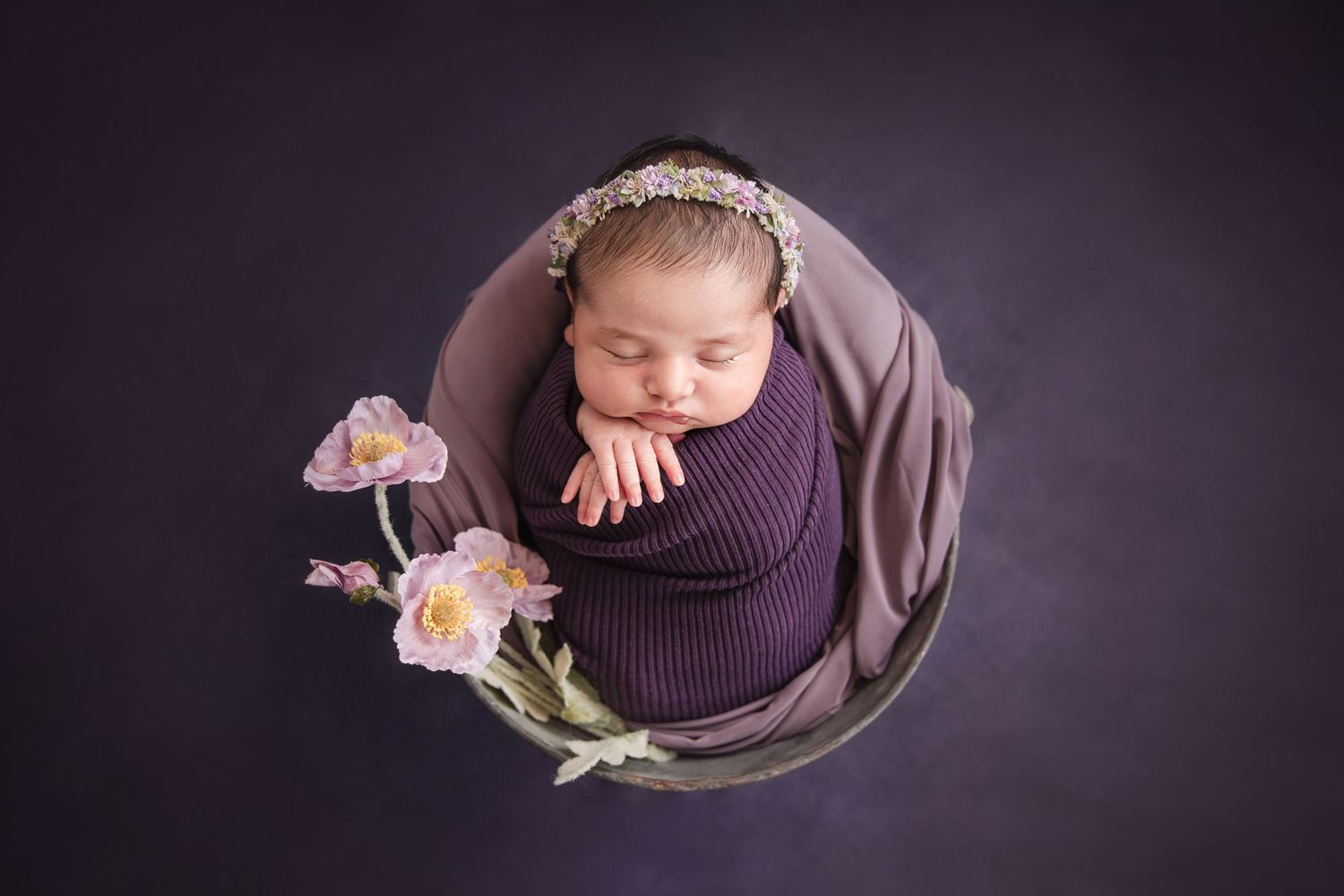 Newborn baby swaddled in purple wrap sleeping in a bucket with lavender flowers on a purple background.