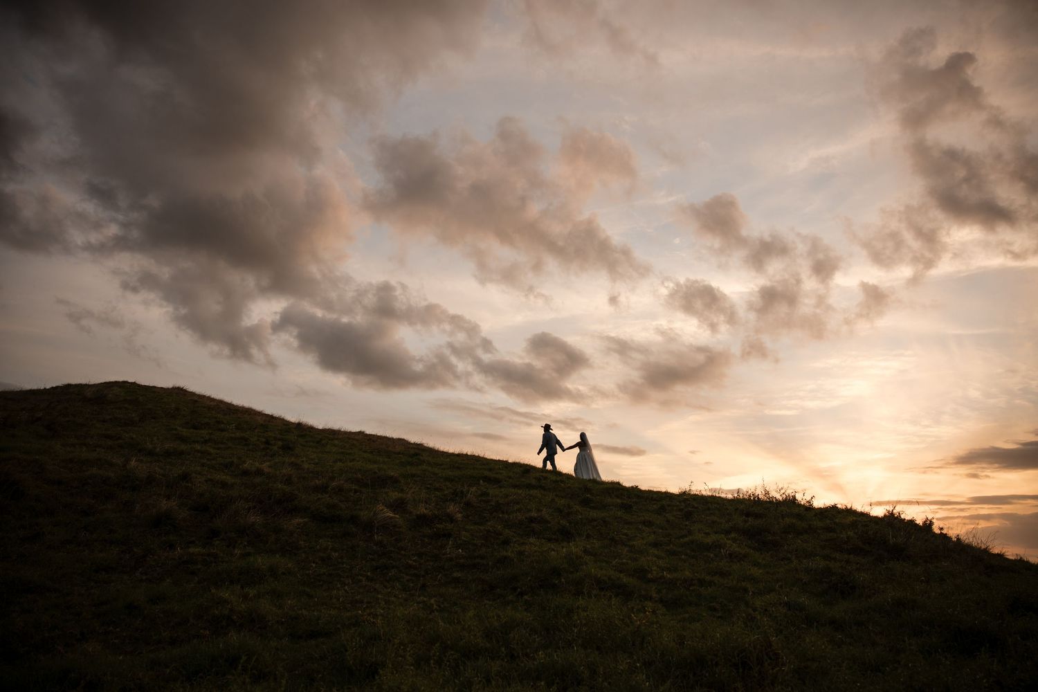 Silhouette of bride and groom holding hands on a grassy hill at golden sunset.