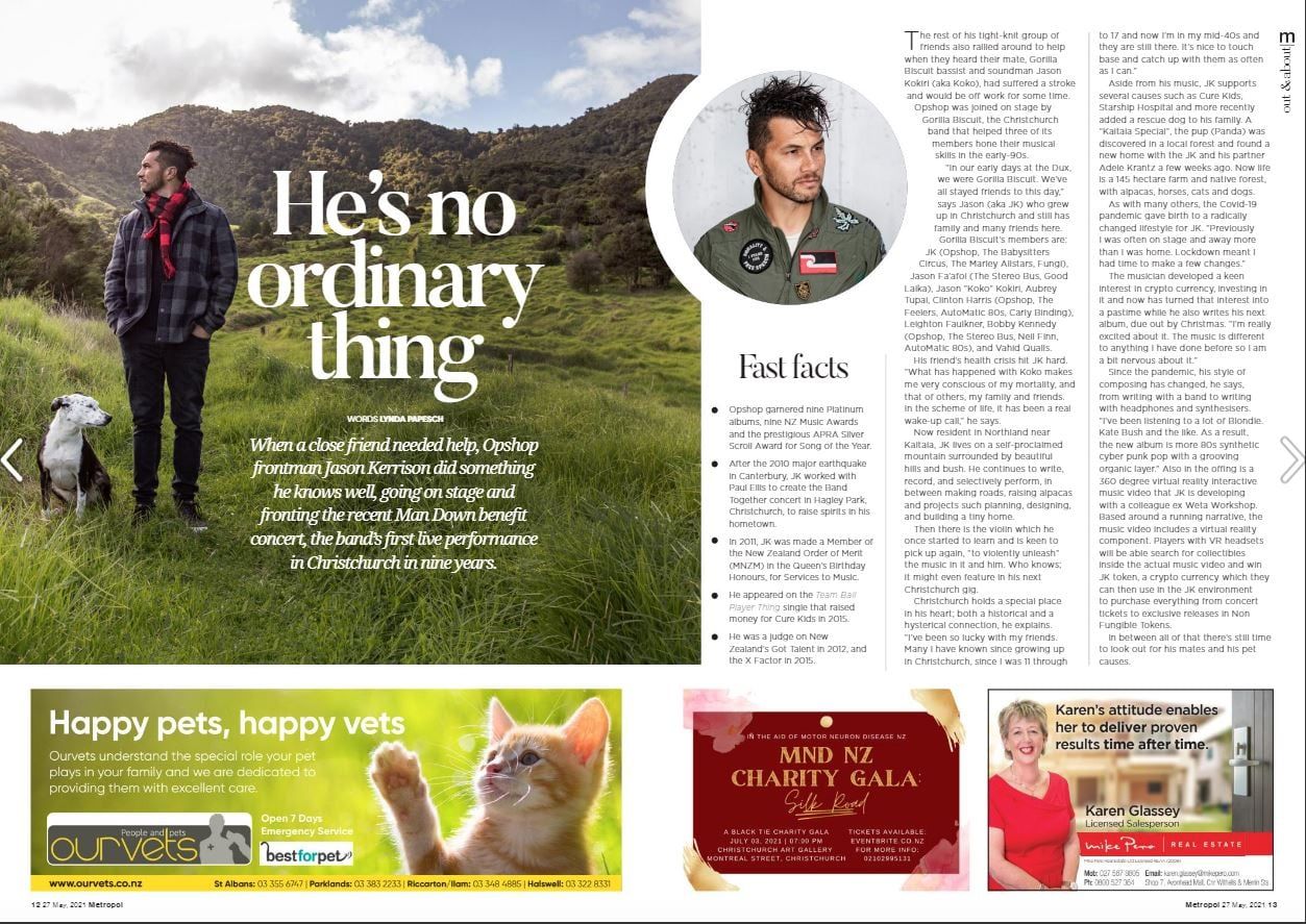Magazine article layout with scenic countryside photo and portrait headshot alongside text columns and advertisement banners.