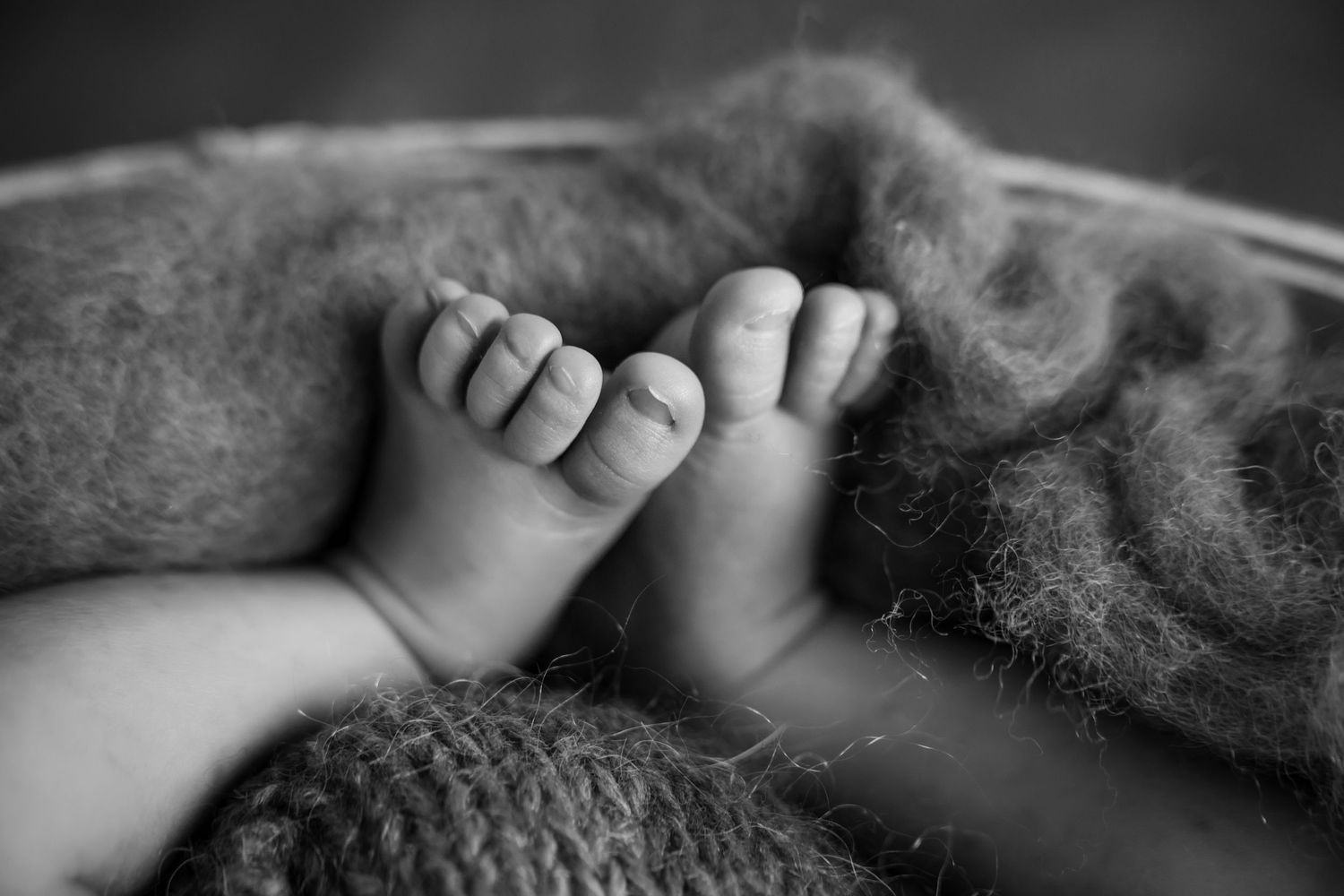 Close-up black and white photo of tiny baby feet resting on a soft woolen blanket.